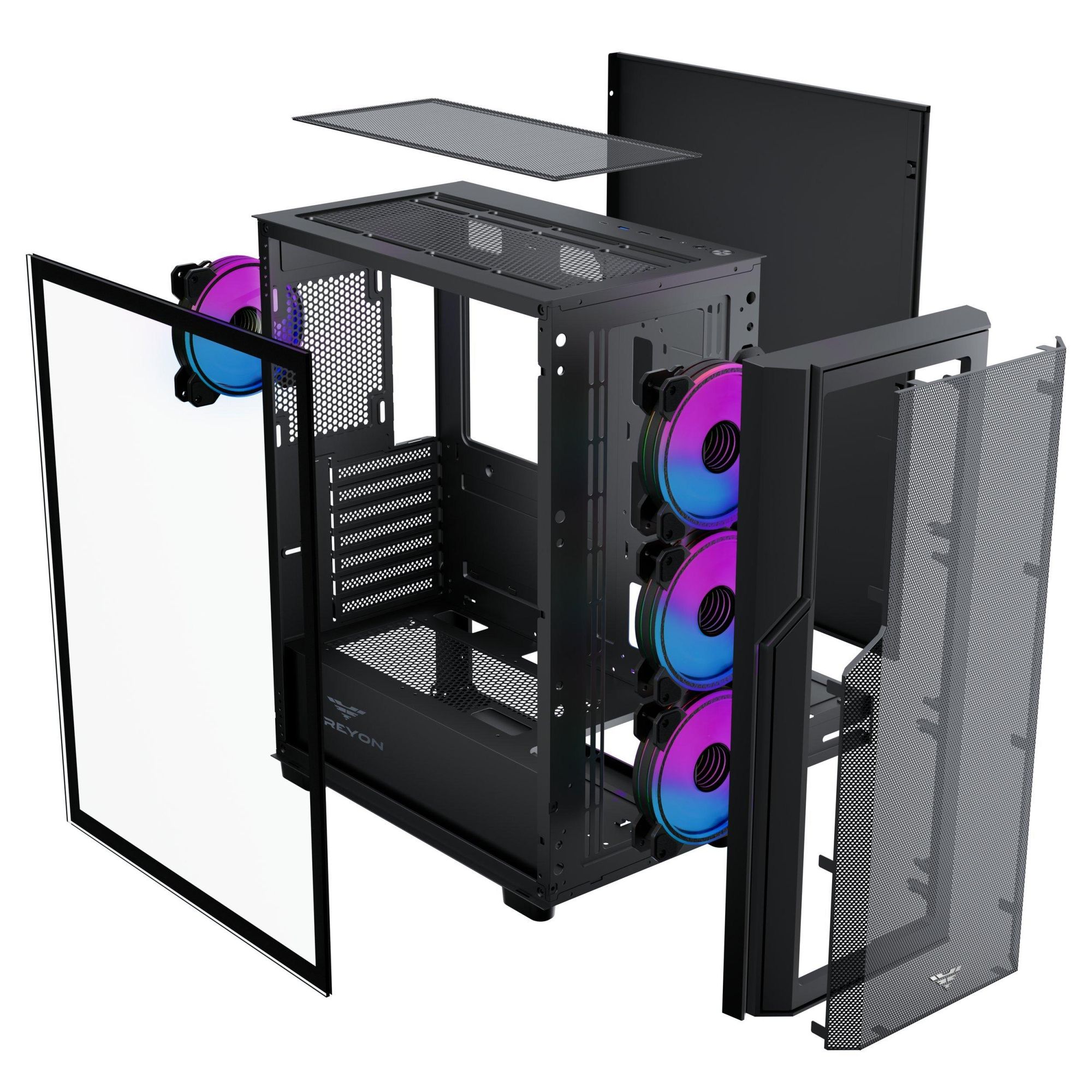 PREYON Nest Aero Gaming PC Gehäuse – E-ATX Midi Tower mit 4x120mm ARGB PWM Lüftern & Controller – Tempered Glass Sichtfenster, Mesh-Front, Staubfilter