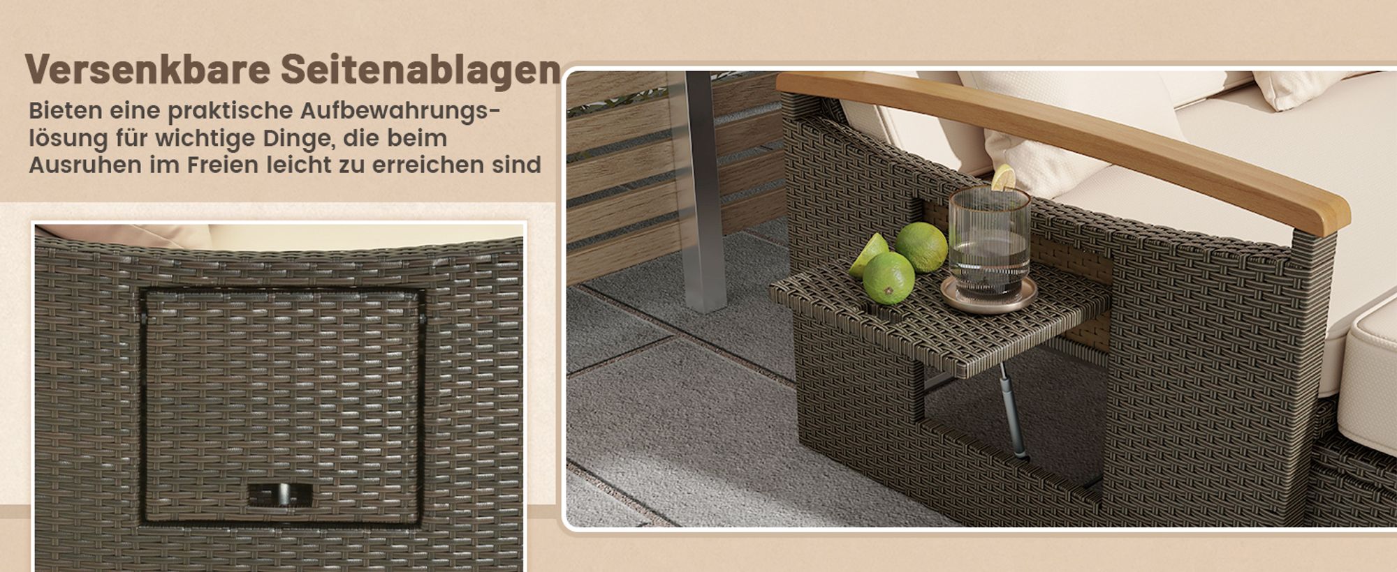Rattan Lounge Möbel Outdoor, Gartenlounge 2 Sitzer mit Liegefunktion, Gartensofa-Set mit Hocker, Doppelliege mit Stauraum