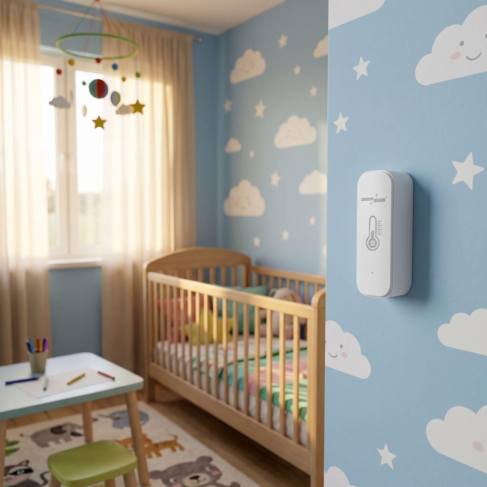 GreenBlue WLAN-Temperatur- und Feuchtigkeitssensor Android/iOS/Alexa/Google Home 3,0 V Gleichstrom LR03x2 GB737