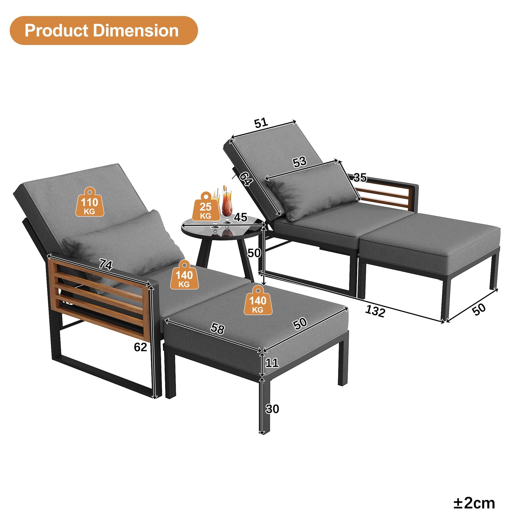 Flieks Gartenliege mit verstellbarer Rückenlehne, Gartensofa Liege mit Glastisch, Gartenmöbelset 5-tlg. für 2-4 Personen, Gartenstuhl mit Hocker, Grau