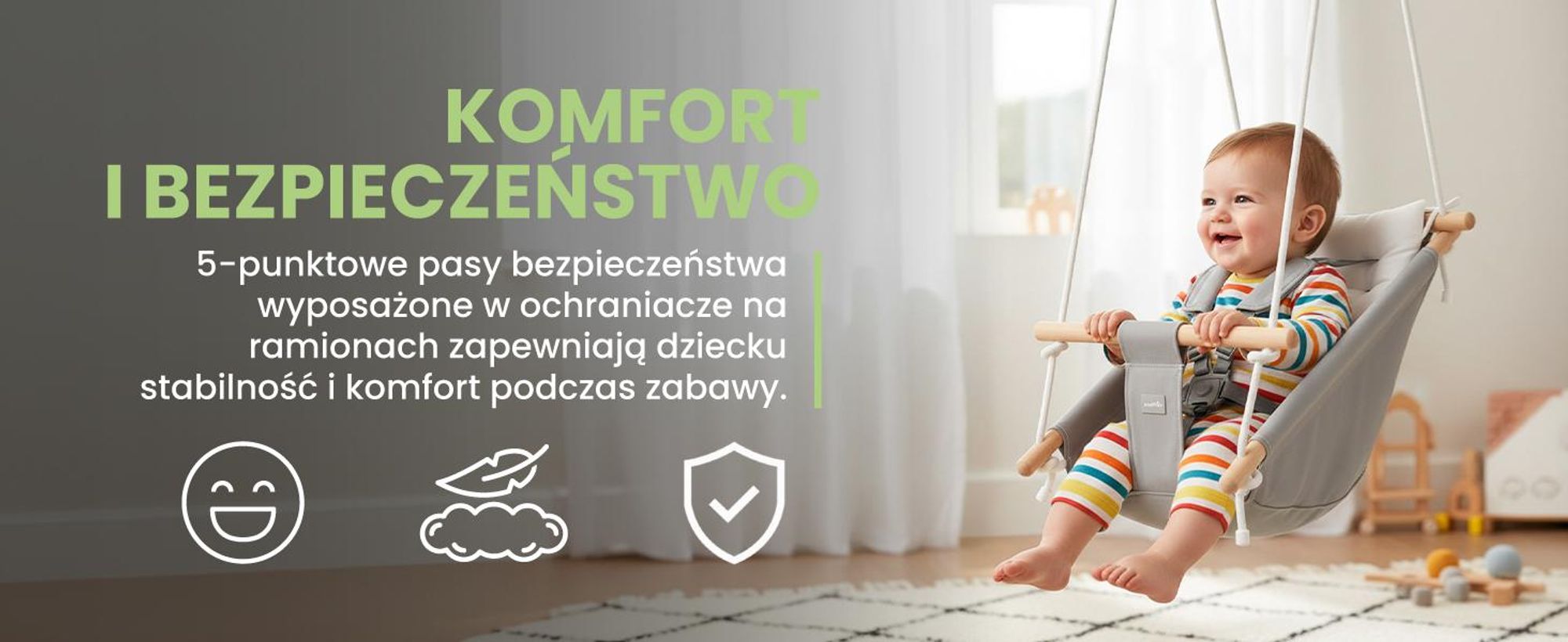 Huśtawka dla niemowląt, hamak, leżaczek Malplay 3 w 1 z regulowanym pasem bezpieczeństwa do 60 kg, Malo Wave, szaro-biały