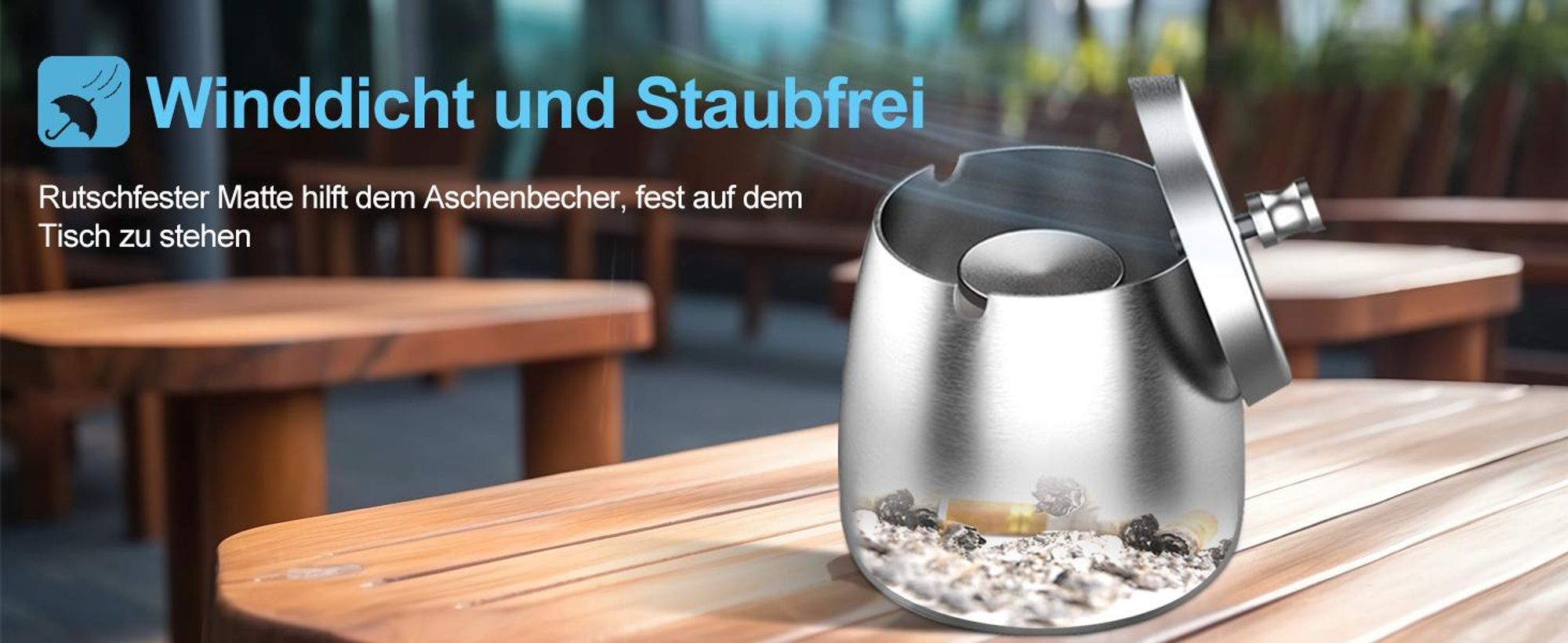Aschenbecher, Tischaschenbecher, Edelstahl Aschenbecher mit Deckel, Windaschenbecher, Standaschenbecher, für Draußen und Innen