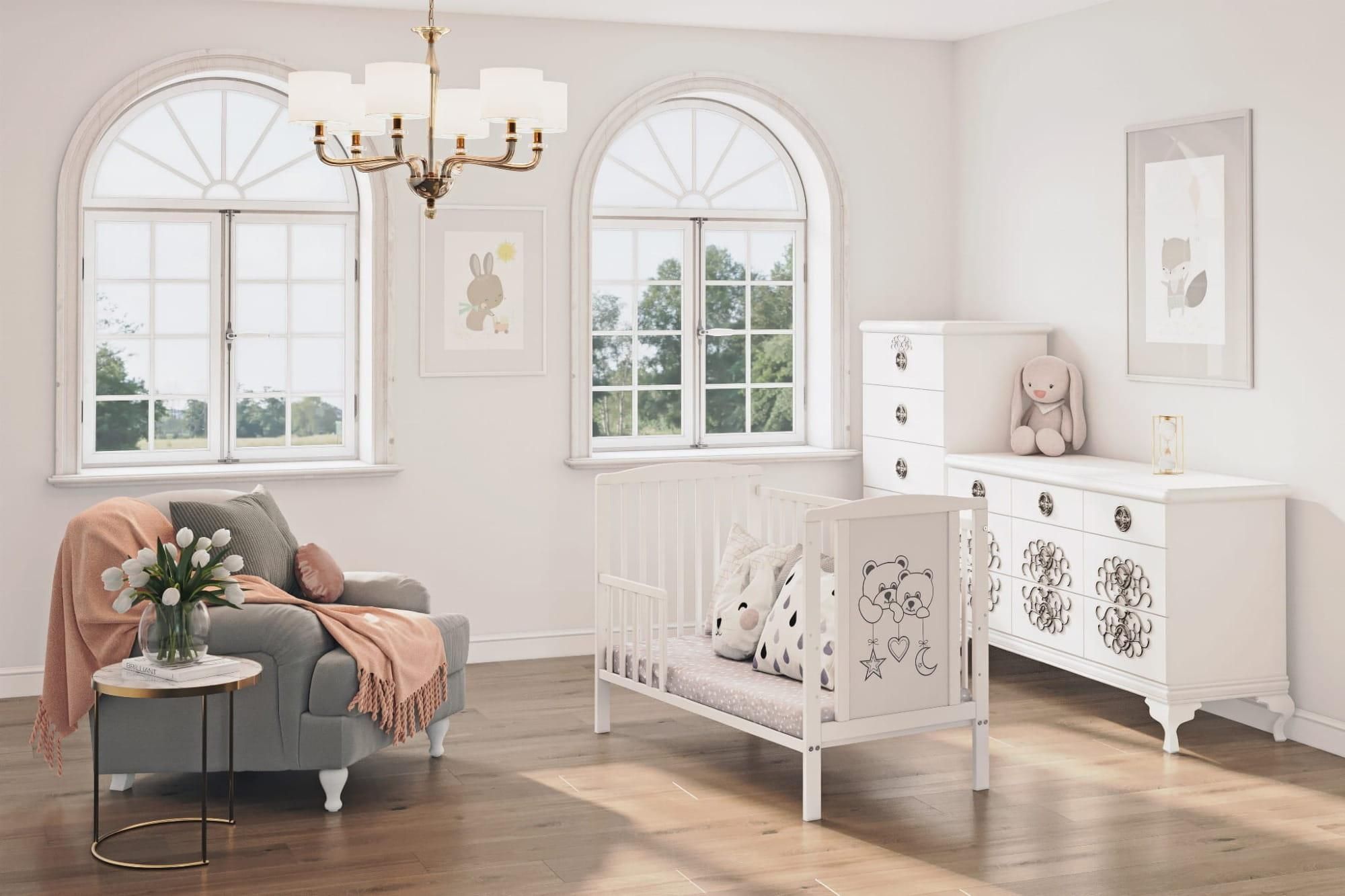 Babybett Timmi 2-in-1 mit Teddybärenmotiv aus Buchenholz inkl. Umbaukit & Schaumstoffmatratze 60x120