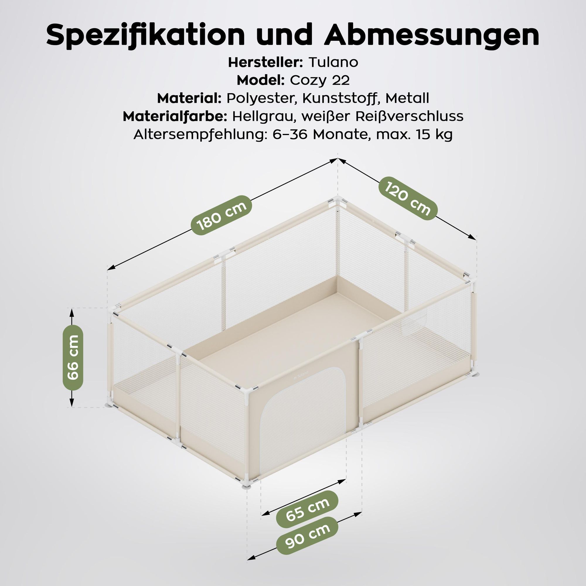 Laufstall Laufgitter 120 x 180 cm Krabbelgitter mit atmungsaktivem Netz Playpen Tragetasche  Laufgitter faltbar mit Tür von 6 bis 36 Monaten Beige