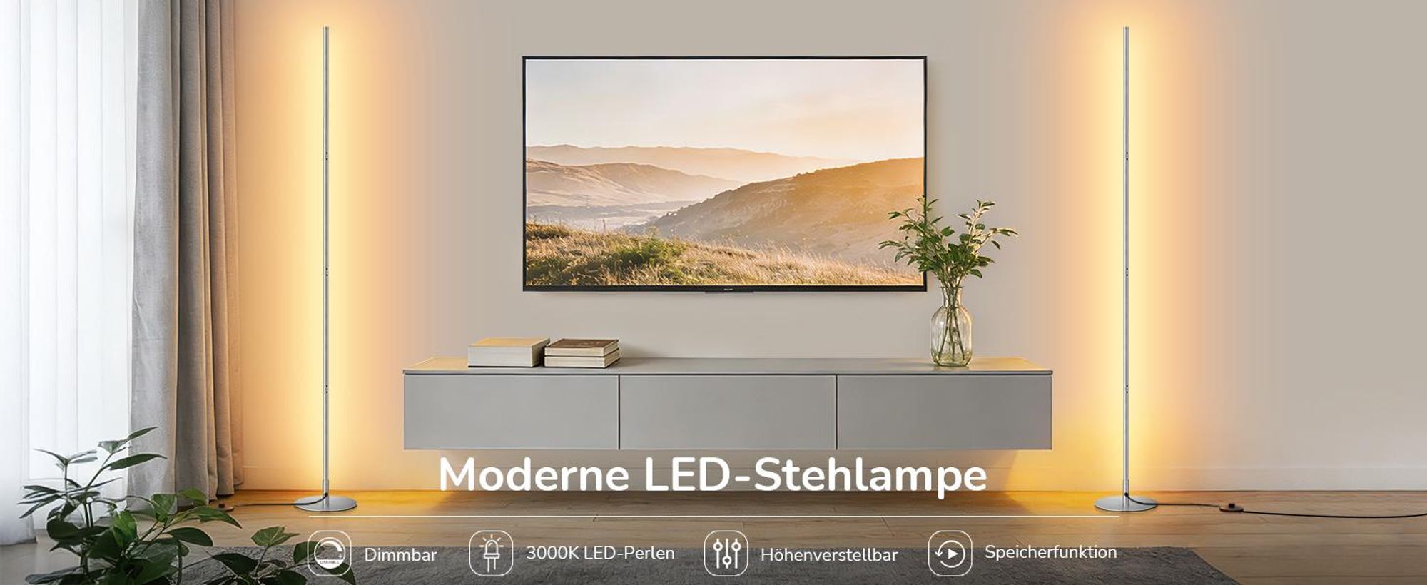 EDISHINE 2 Stehlampe Wohnzimmer, LED Stehlampe Dimmbar, 3000K warmweiße Stehleuchte mit Memory-Funktion, höhenverstellbar 146 cm,Silber