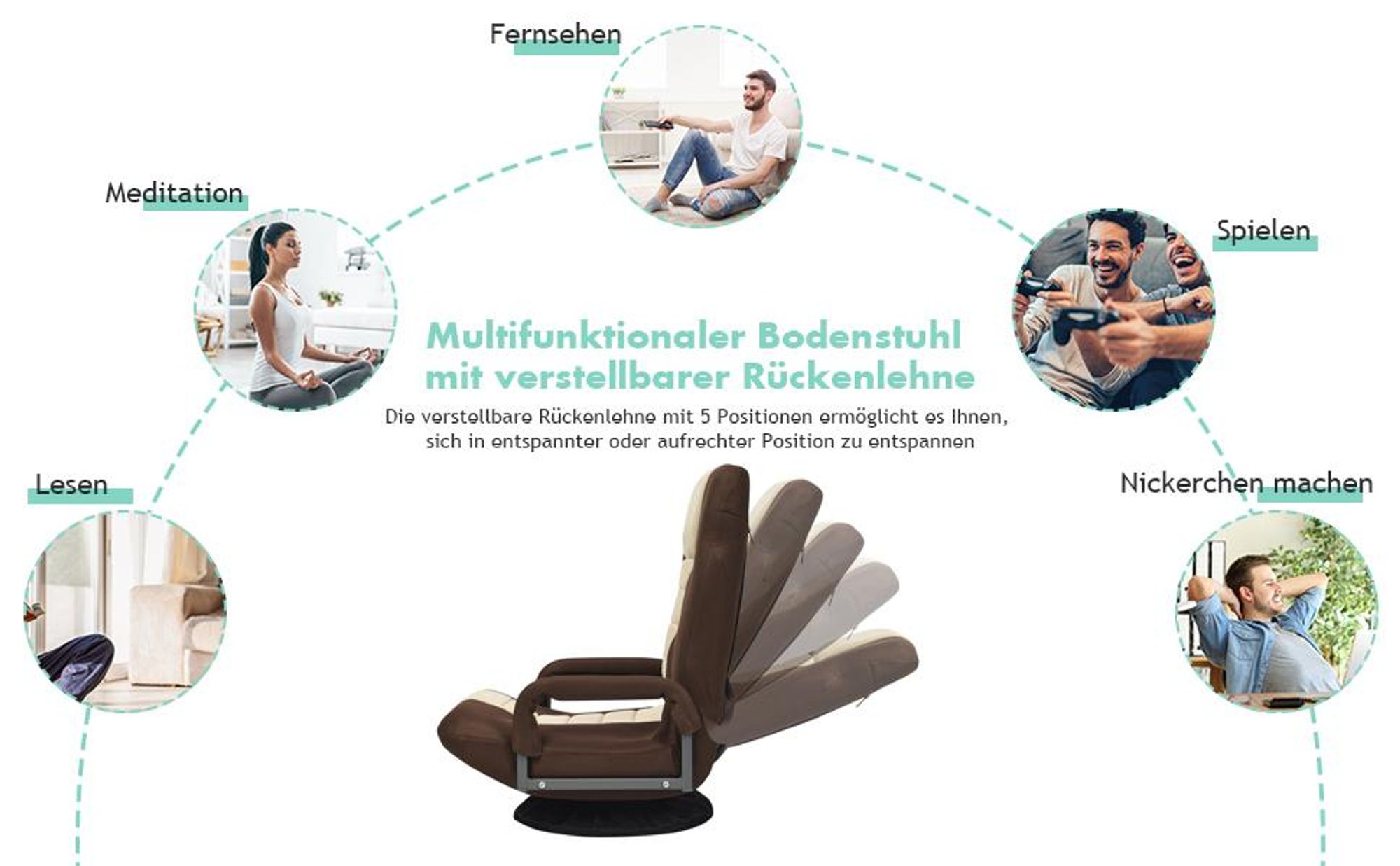 COSTWAY Bodenstuhl 360° drehbar, Bodensessel mit 6-Fach Verstellbarer Rückenlehne, Game Sessel gepolstert, Bodensofa Meditationsstuhl bis 140kg belastbar, Lazy Sofa (Beige)