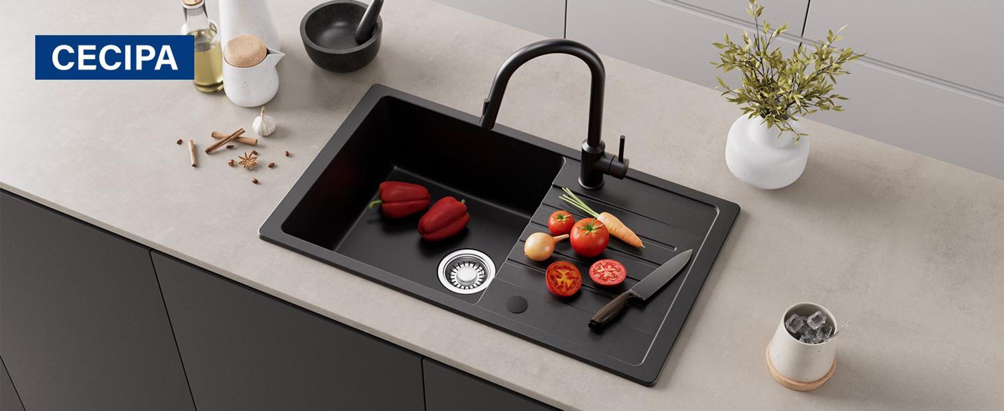 CECIPA Spülbecken Schwarz 78x45cm, Reversibel Granitspüle mit Abtropffläche, Küchenspüle inkl Siphon & Über, Einbauspüle für 60er Unterschrank