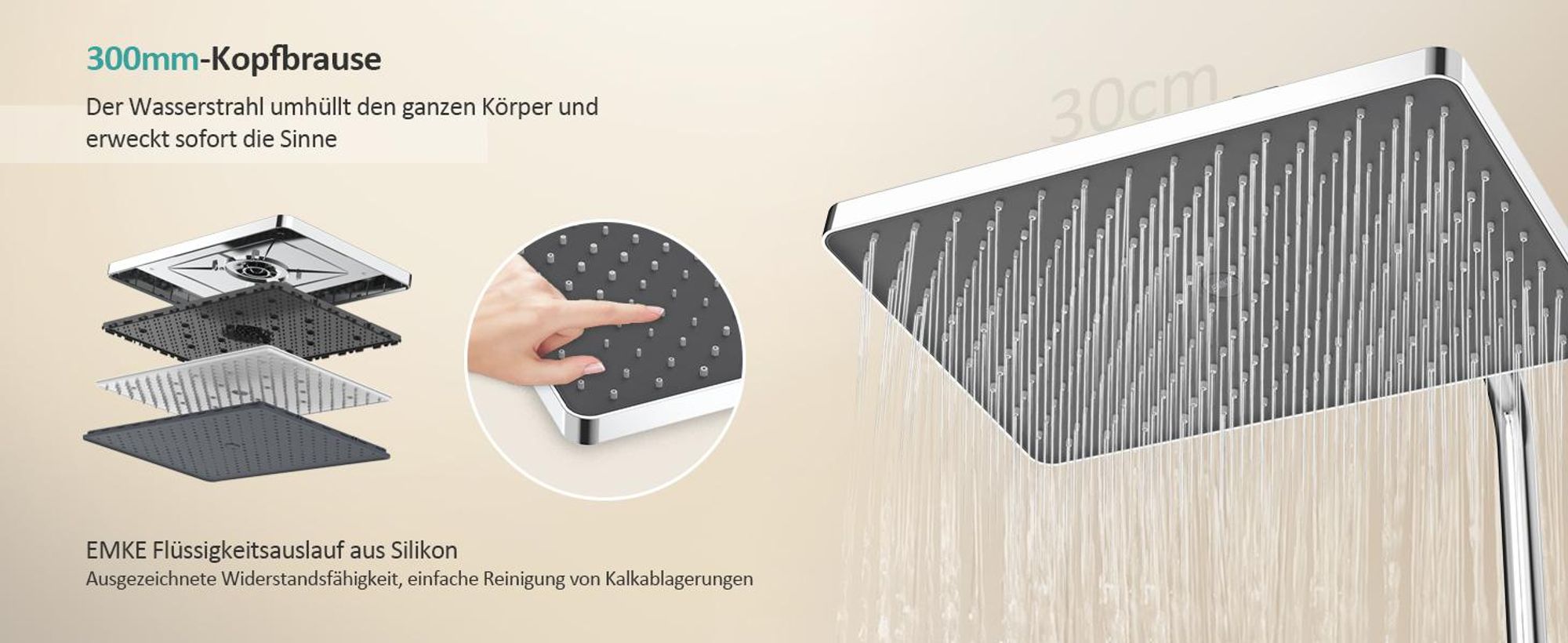 EMKE Duschsystem mit Thermostat Glasablage Handbrause 3 Strahlarten Regendusche, Bad- & Duscharmaturen, Wandmontage, KTW-, Chrom - F09