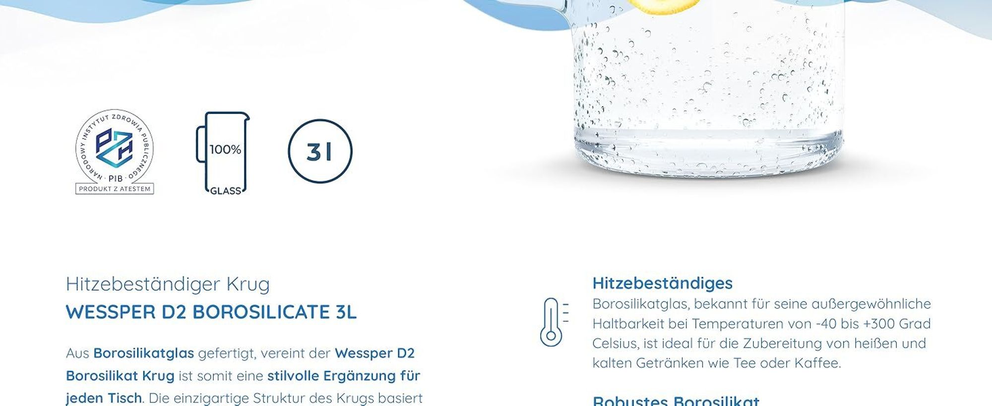 Wessper – 3 l Glaskaraffe – hitzebeständiger Krug aus Borosilikatglas für Wasser, Tee, Saft und Eisgetränke