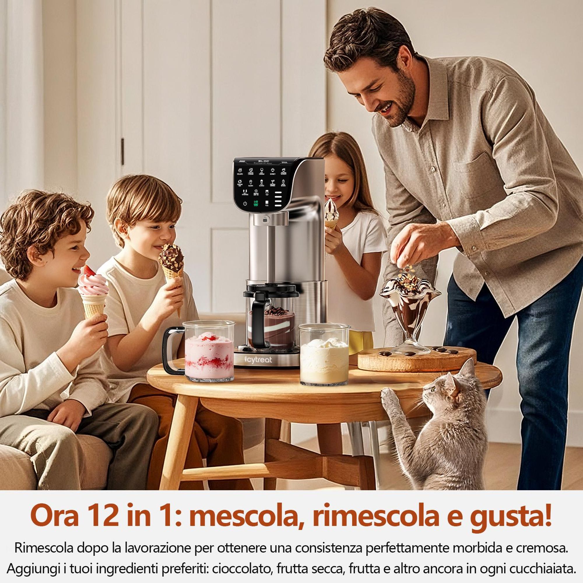 Gelatiera IcyTreat IC-1010 EU – Certificata CE – Completamente automatica, corpo in acciaio inox – Dotata di 3 contenitori e 12 programmi – Argento