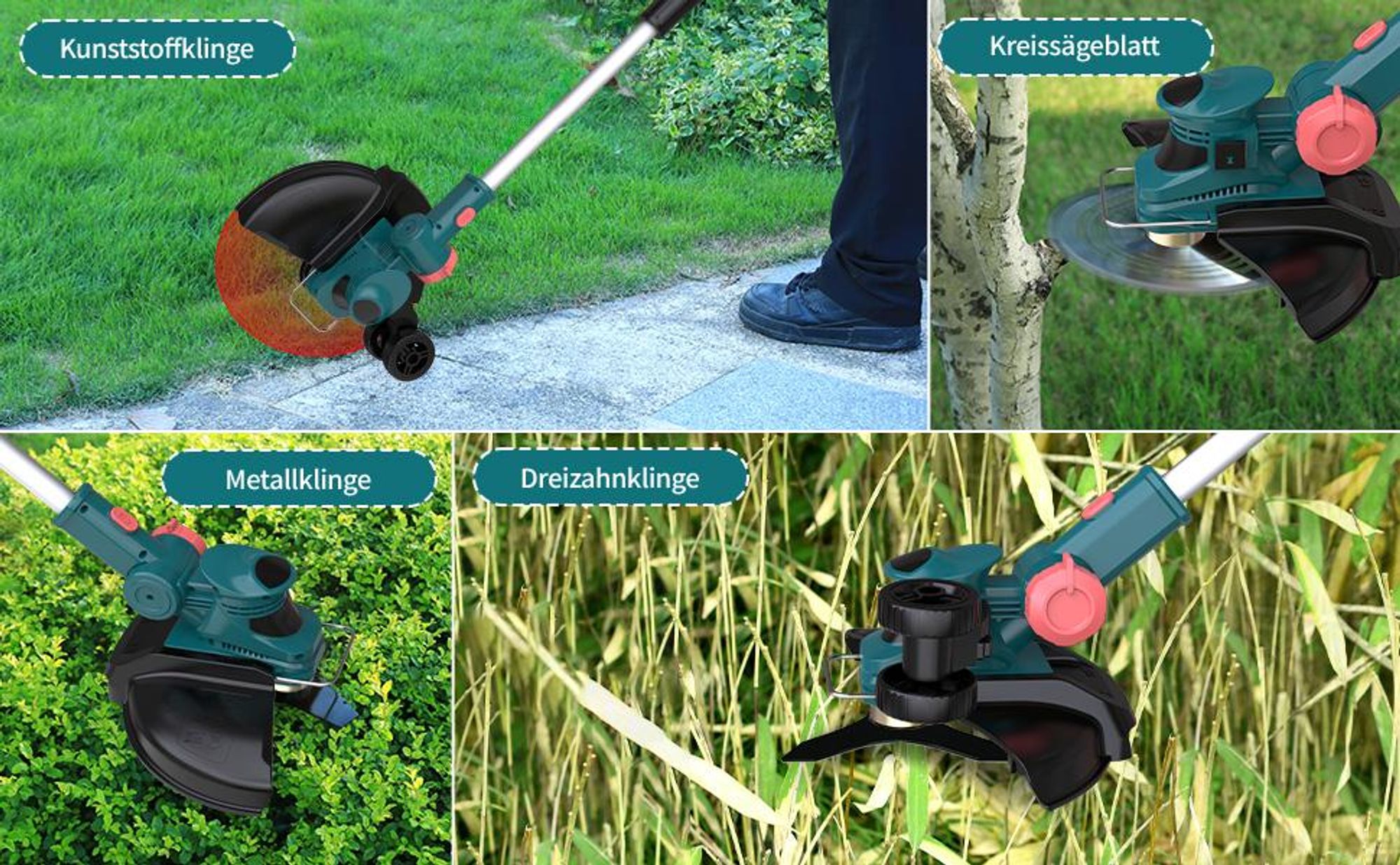 Akku Rasentrimmer mit 2× 4000mAh Akkus 21V, 5 Klingentypen Bürstenloser Motor Rasentrimmer, 750W Freischneider mit Unkrautbürste, Drahtbürste – Blau