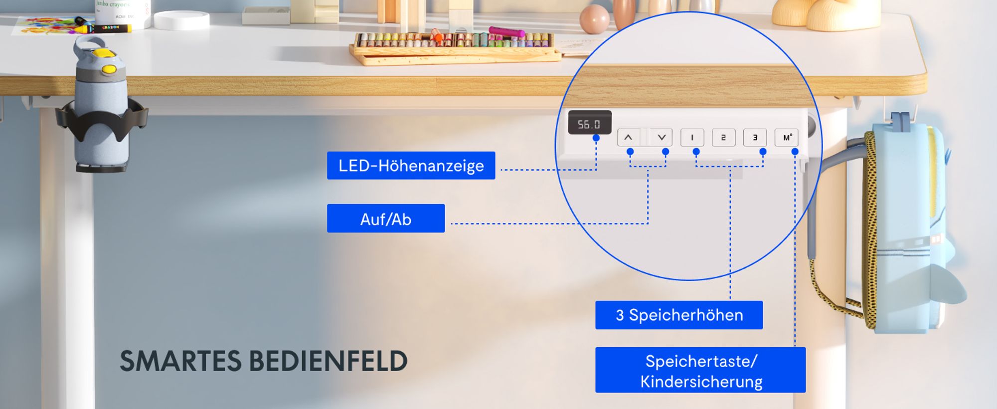 FLEXISPOT Kinderschreibtisch, elektrisch höhenverstellbar Schreibtisch, für Kinder ab 6 Jahren, mit LED-Anzeige, 3 Speicherplätzen, Kindersicherung