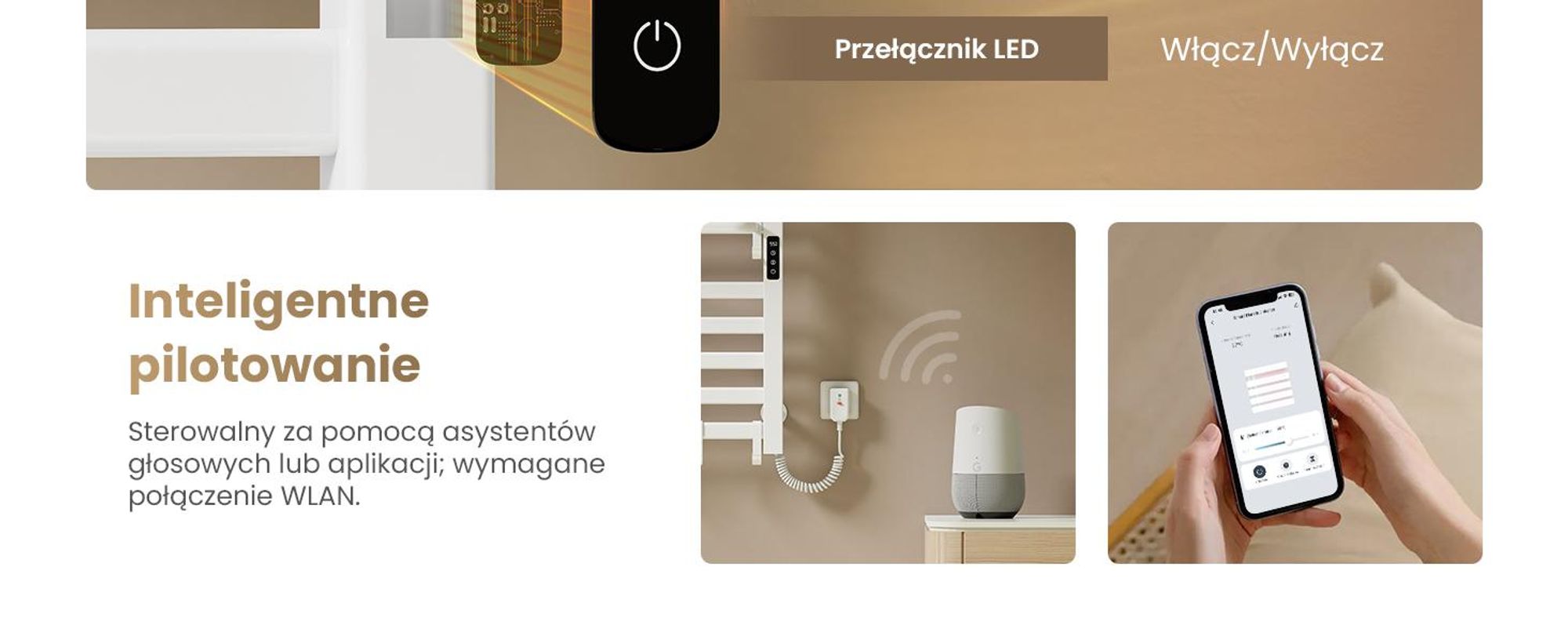 EMKE Grzejnik łazienkowy elektryczny 1000x500 mm, 280W, dwurzędowy, płaskie rurki, półka i haki, WiFi Tuya Alexa, biały połysk