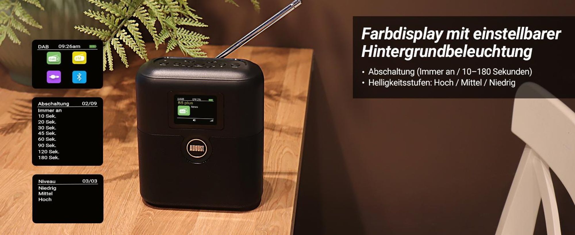 Tragbares DAB+/UKW Radio mit Bluetooth Akku Doppel Wecker, 60 Presets - August MB330