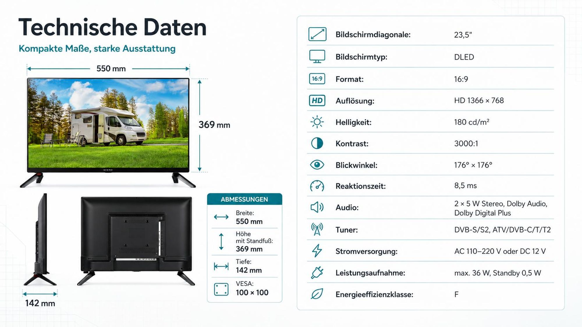 Kiano Slim TV Travel 24 Zoll (61 cm) Fernseher, HD, LED, Triple Tuner DVB-T2, Auto-Ladegerät, HDMI, USB, Dolby Audio
