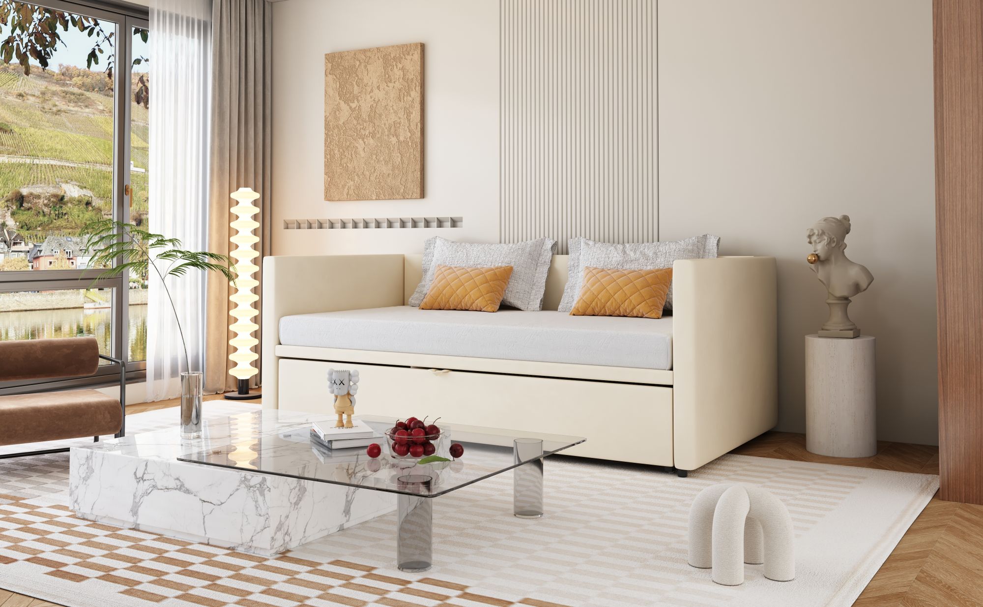 okwish Polsterbett 90/180*200 cm, multifunktionales Ausziehsofa mit Lattenrost, aus hautfreundlichem Samtstoff, Beige
