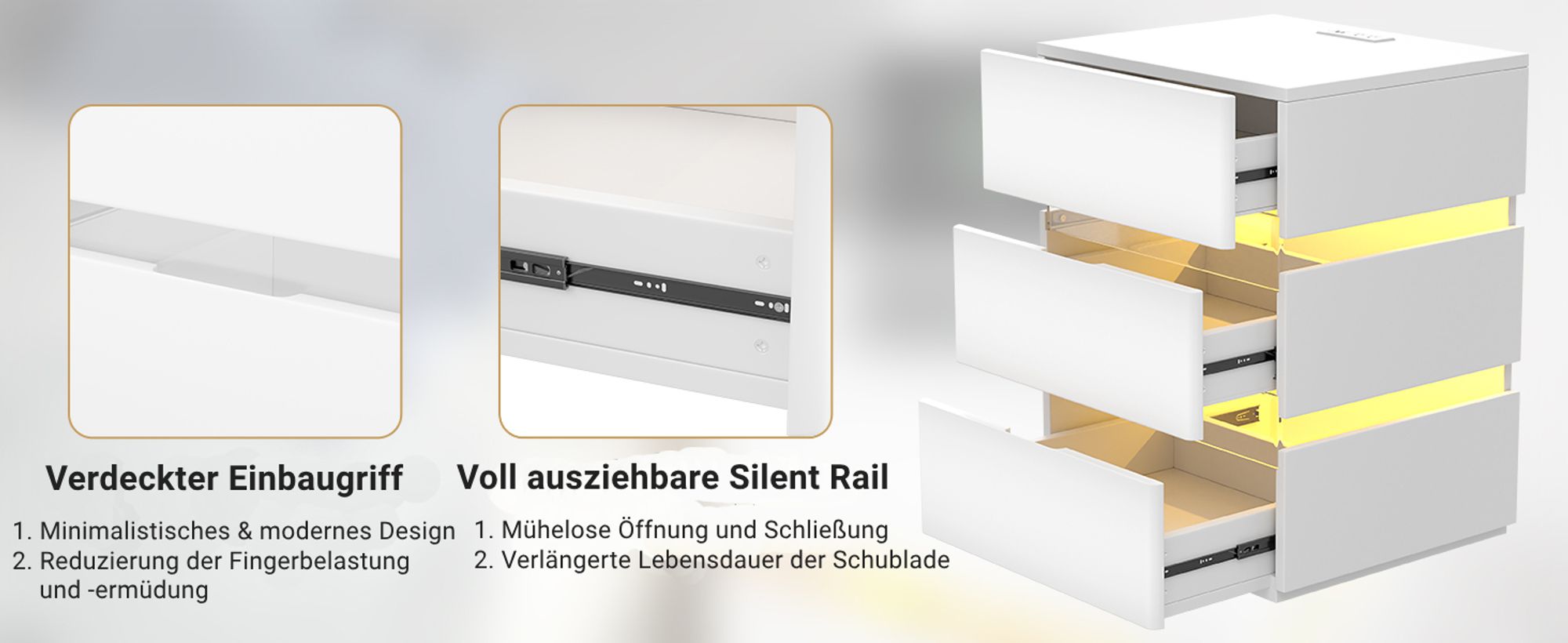 FCH Nachtschrank mit LED-Beleuchtung, 3 Schubladen, 2 AC-Steckdosen, 2 USB-Anschlüsse, Nachtkommode, Nachttisch, Weiß