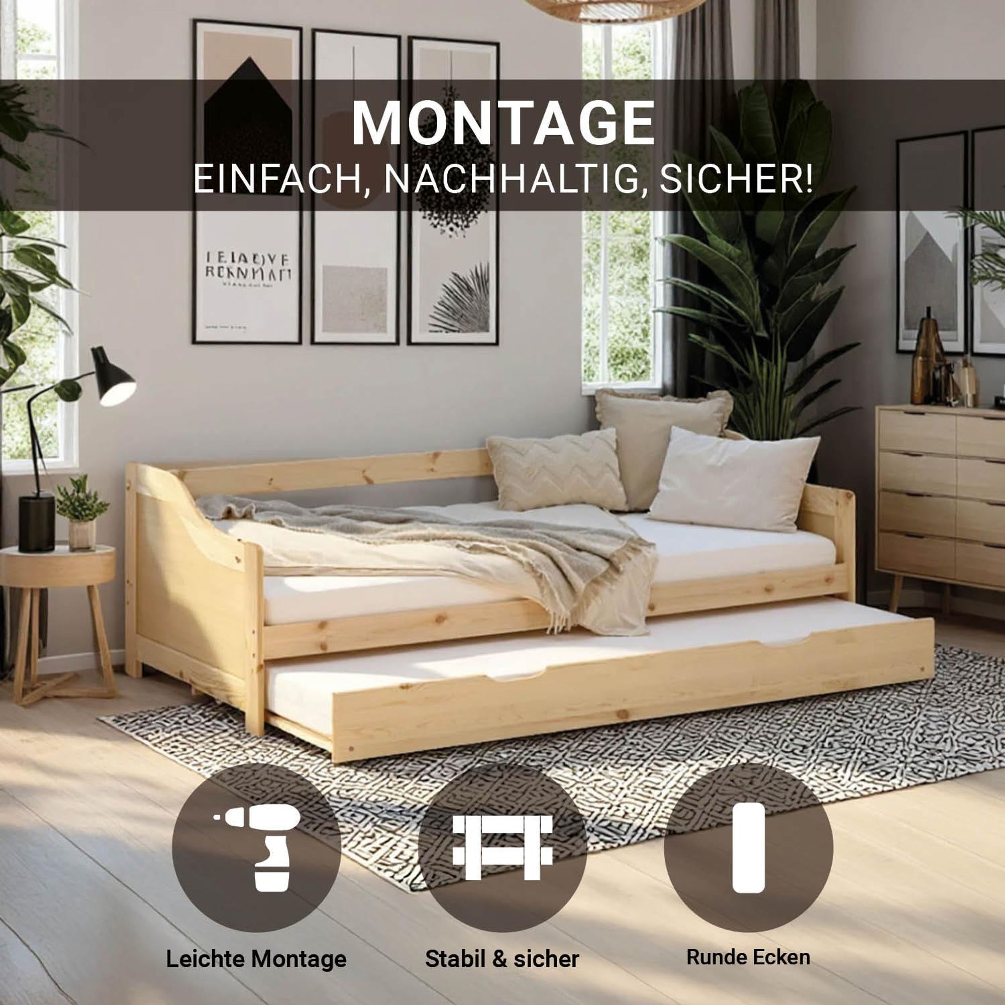 Das Holzbett lässt sich einfach zusammenbauen und ist aus massiven Kiefernholz gefertigt.