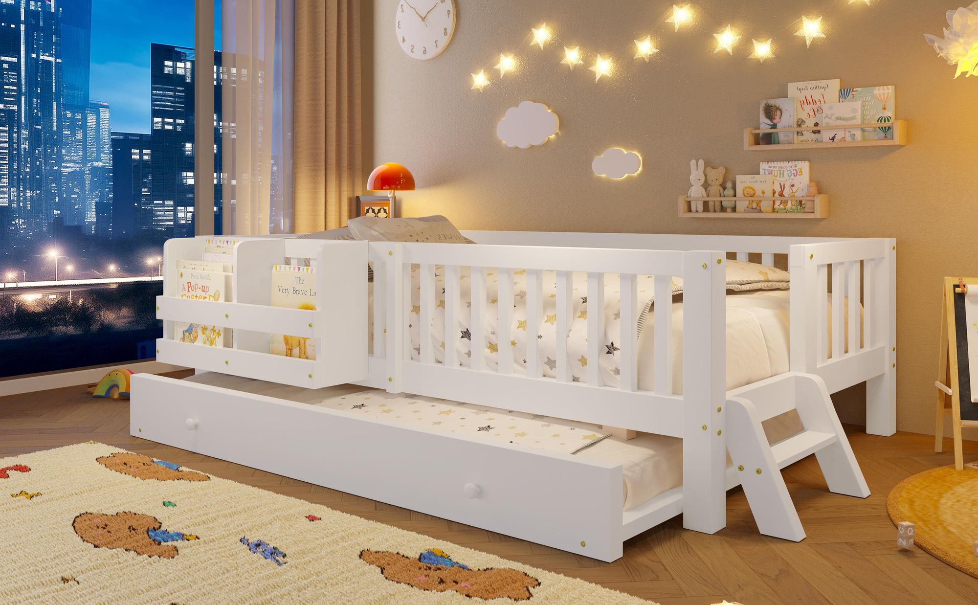 Merax 90x200 cm Kinderbett, Plattformbett mit Ausziehbett, Tagesbett mit Bücherregal, Massivholz Kinderbett, Jugendbett Gästebett, Flachbett, Weiß