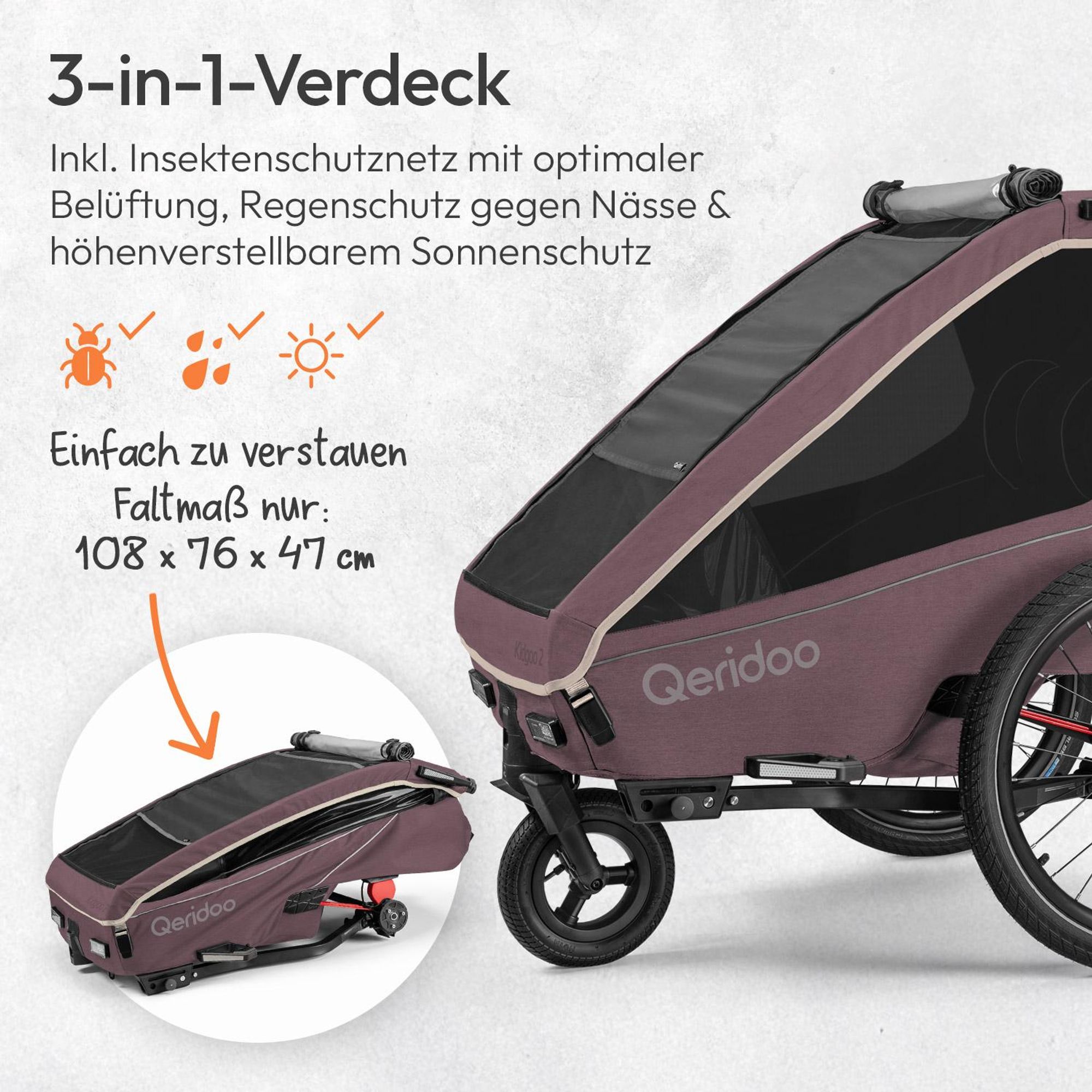 Qeridoo Kidgoo 2- Kinderfahrradanhänger für 2 Kinder, Farbe: Wildberry Violet