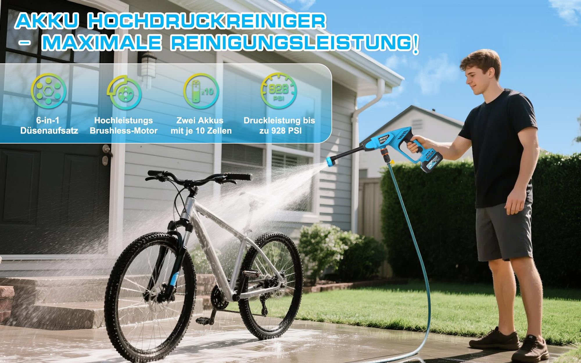 Akku Hochdruckreiniger, 65 Bar / 928 PSI, inkl 2x 21V 4000mAh Akkus, 6-in-1 Multi-Sprühdüse 5M Schlauch für Auto, Terrasse, Garten, Zaun, Pool
