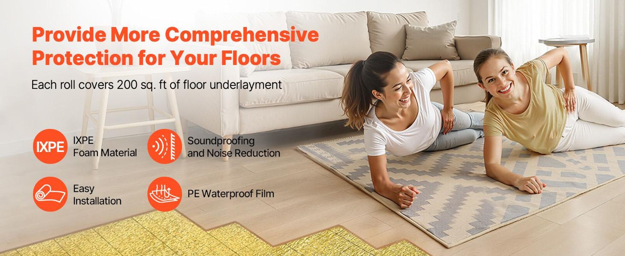 VEVOR Fußbodenunterlage 37,2 m², 3 mm Laminatbodenpolster mit angebrachter Dampfsperre, strapazierfähige Faser+PE-Folie, schalldämmend & geräuschreduzierend für Vinyl- & Holzböden (2 Rollen x 18,6 m²), 200 sq ft-3.0 mm-1 Volumen-IXPE