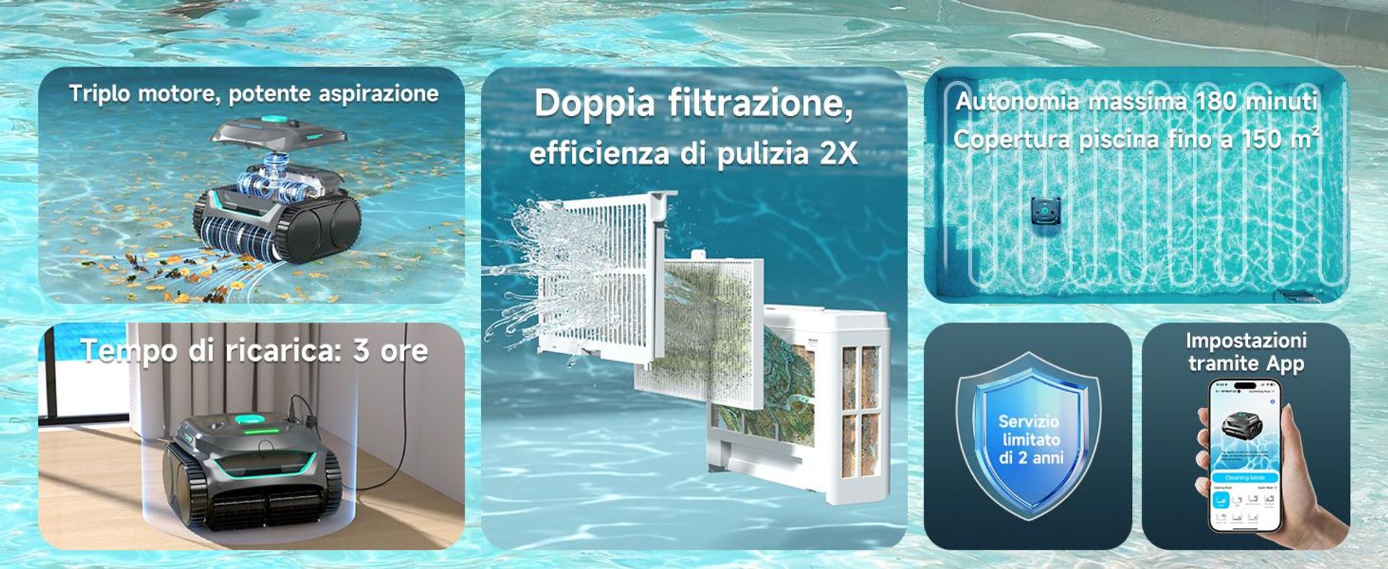 Robot per piscina senza fili WYBOT C2 - Potenza di aspirazione 3592 GPH, autonomia di 180 minuti, doppio filtro da 180 μm + 10 μm, controllo tramite app, IPX8, fino a 150 m²