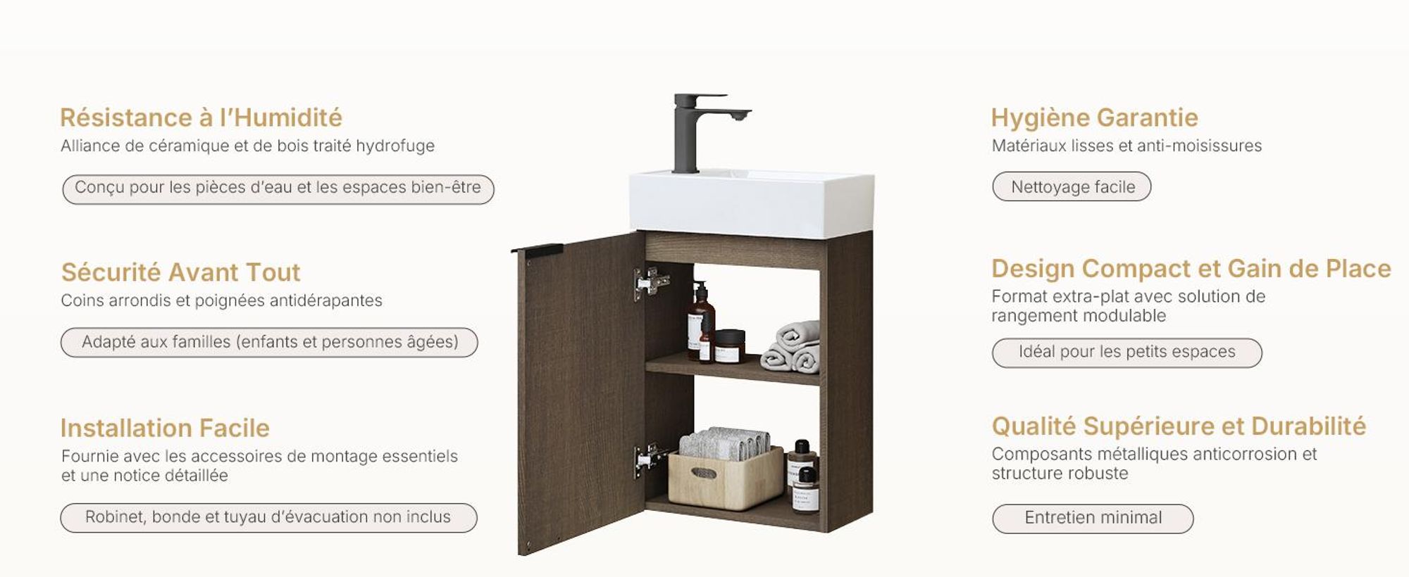 EMKE Ensemble de lavabos Meuble sous-lavabo avec vasque en céramique 417×240×646 mm suspendu, Soft-Close, chêne fumé