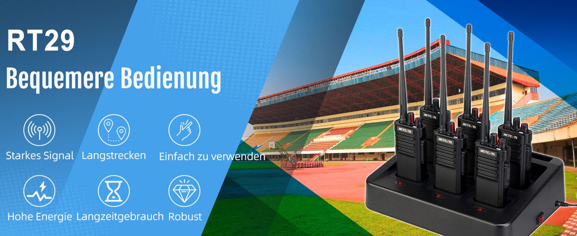 Retevis RT29 Funkgeräte set, 8KM Großer Reichweite, mit 6 Wege-Ladegerät, 3200 mAh, 16 Kanäle, VOX Scan, Squelch, Für Baustellen, Schule, Lager