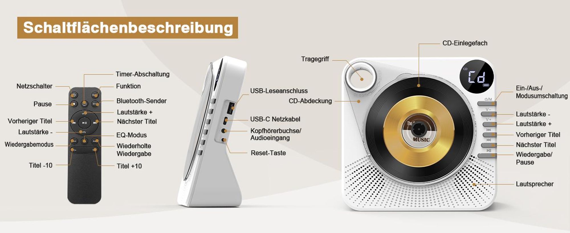 CD Player, Bluetooth CD-Player, Tragbar CD Player, Bluetooth Lautsprecher, mit Fernbedienung, HiFi-Sound, FM-Radio, AUX/USB-Wiedergabe