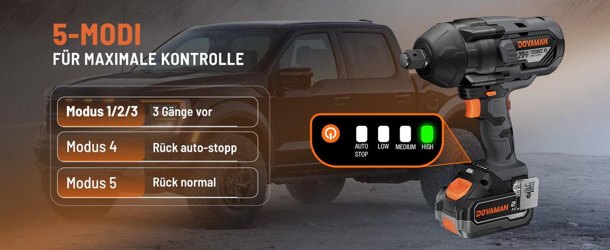 DOVAMAN Akku-Schlagschrauber 20 V, 2200 Nm, bürstenlos, 3/4 Zoll, 5 Stufen, 4-Ah-Akku