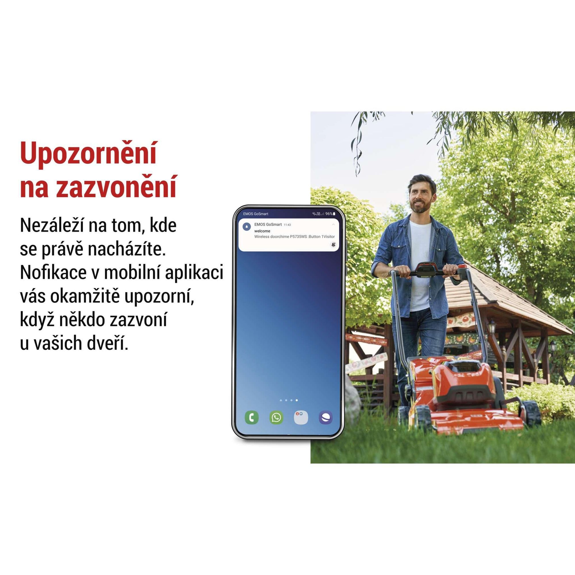 EMOS Smart Home bezdrátový zvonek s aplikací, WiFi, bezdrátový, 52 melodií, dosah 150 m, 4 úrovně hlasitosti až 110 dB, včetně baterie, bílý, P5735WS