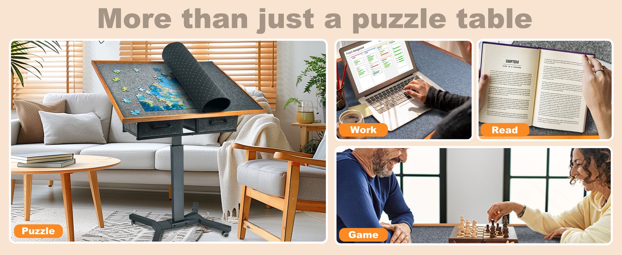 WISFOR Puzzlebrett Puzzle Tisch, höhenverstellbar neigbar rollbar, mit 2 Schubladen, 90×70cm