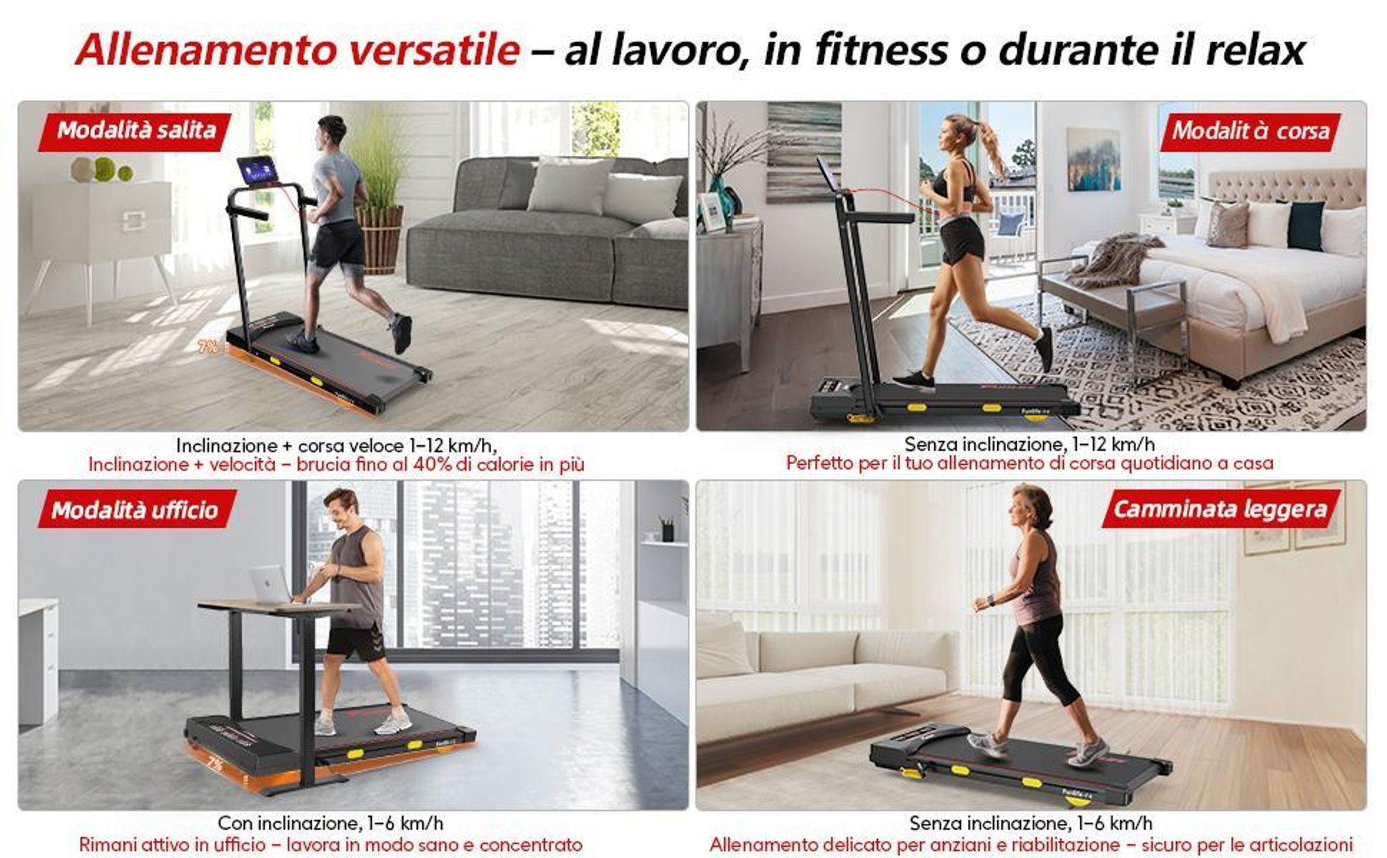 FunLife F4 Tapis roulant per uso domestico con inclinazione, walking pad pieghevole, walking pad da scrivania, motore potente e silenzioso, doppio comando, compatto con ammortizzazione, blu