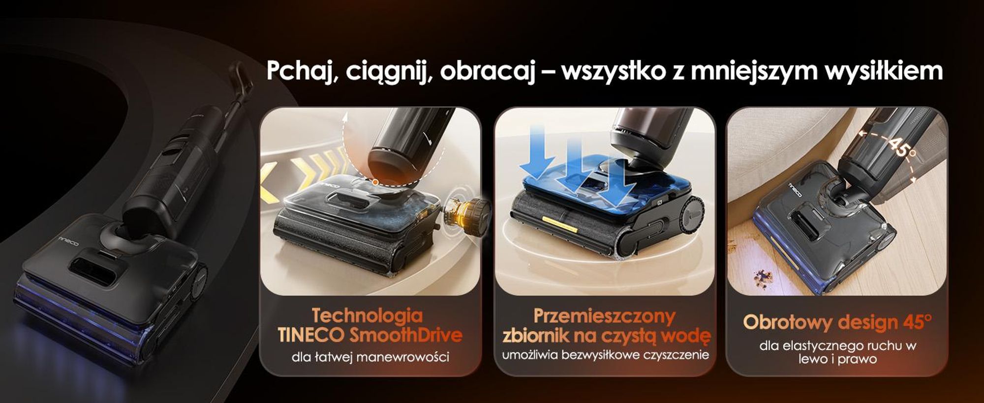 Tineco FLOOR ONE S7 Stretch Steam Bezprzewodowy Odkurzacze na sucho i mokro, 160℃ HyperSteam, Przeciwdziałający Splątaniu, FlashDry, Do 80 min pracy