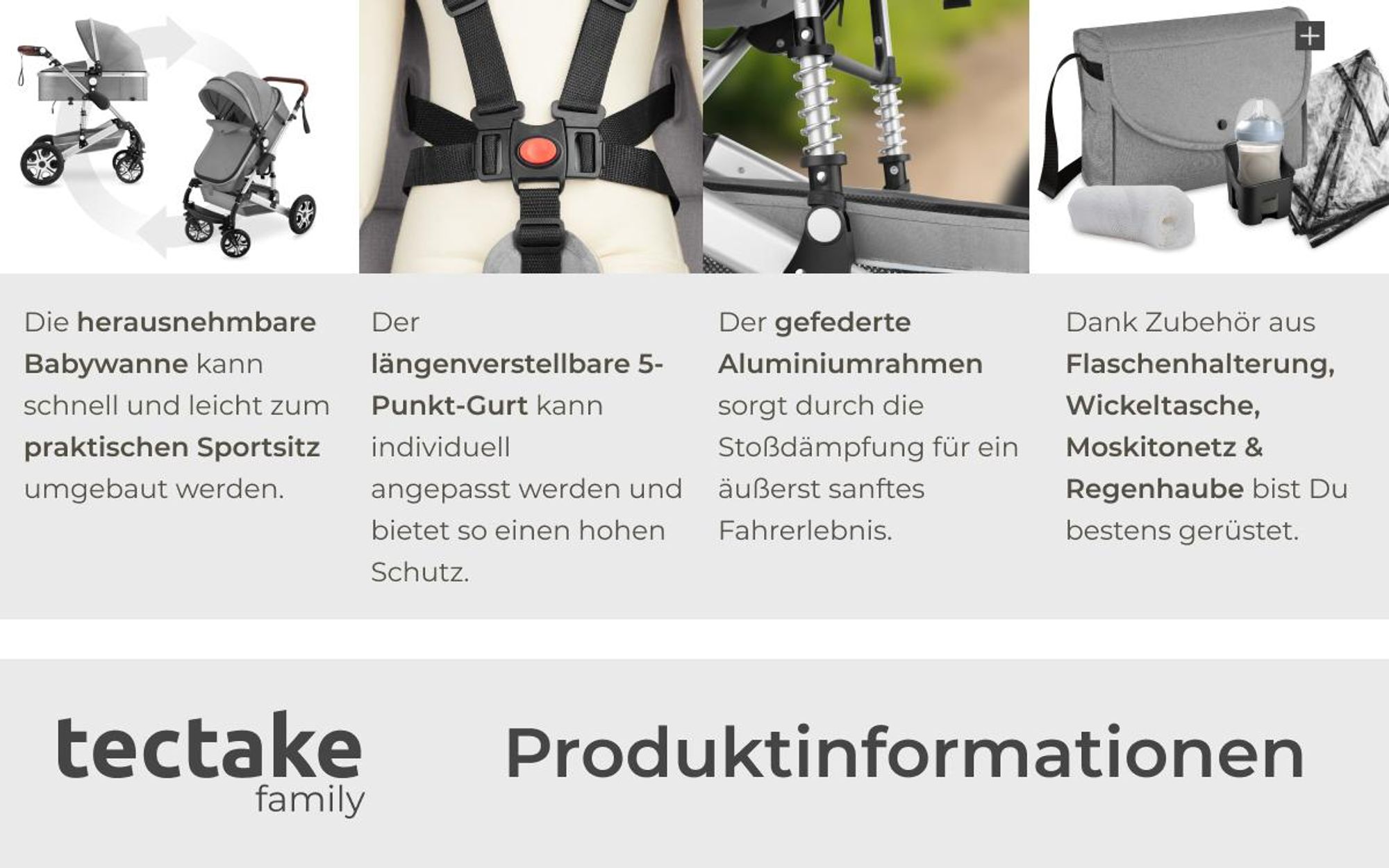 tectake® Kombi-Kinderwagen Mats 2 in 1, klappbar, mit 5-Punkt-Gurt, Bremse, Schutzbügel und Handschlaufe für 0 bis 36 Monate geeignet, Belastbarkeit 15 kg
