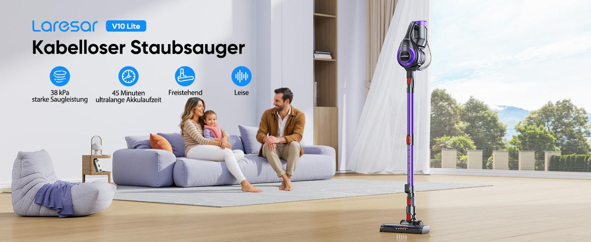 Laresar V10 Lite Akku Staubsauger, 38.000pa Staubsauger, Bis zu 45 Min Laufzeit,Anti-Tangle Roller Die V-förmige Bürste