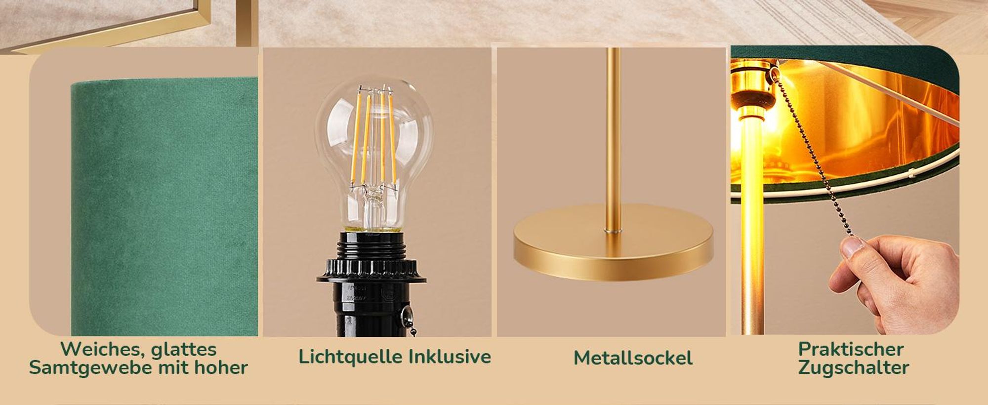 EDISHINE Stehlampe Wohnzimmer, Vintage Stehleuchte mit grünem Samt-Lampenschirm & goldenem Metallgestell, für Schlafzimmer Büro, 145cm