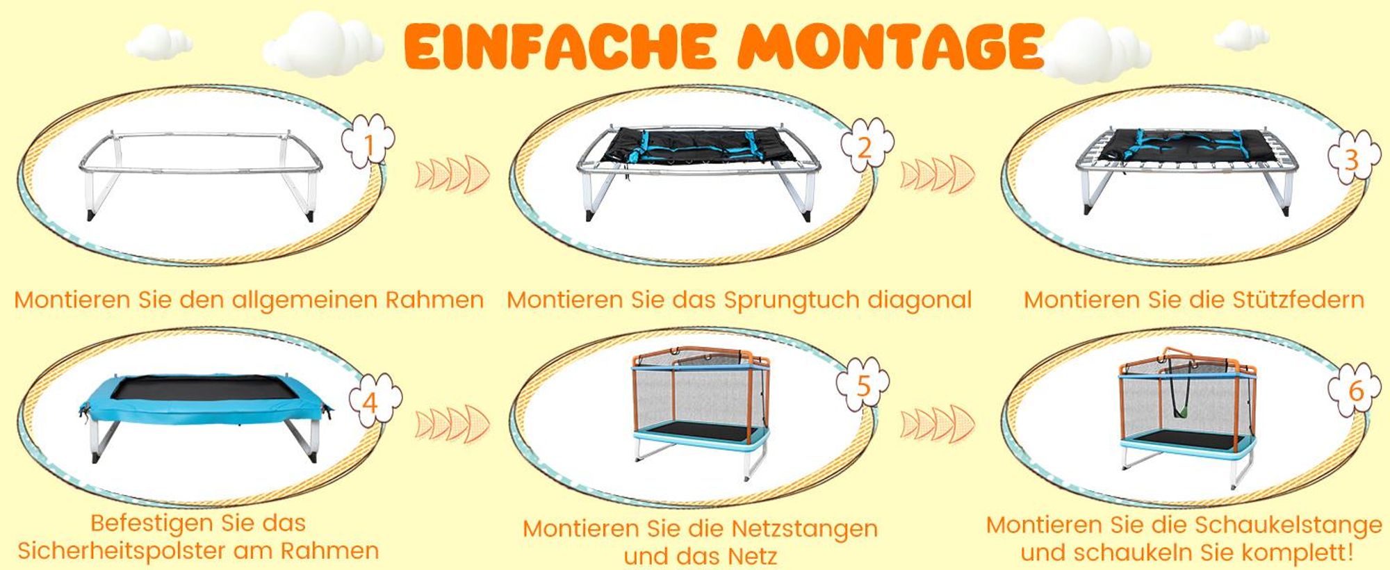 COSTWAY 3 in 1 Kindertrampolin, Gartentrampolin rechteckig mit Schaukel, Reckstange, Fitness Trampolin mit Sicherheitsnetz & Randabdeckung, Indoor-/Outdoortrampolin 190 x 124 x 172 cm Blau + Orange