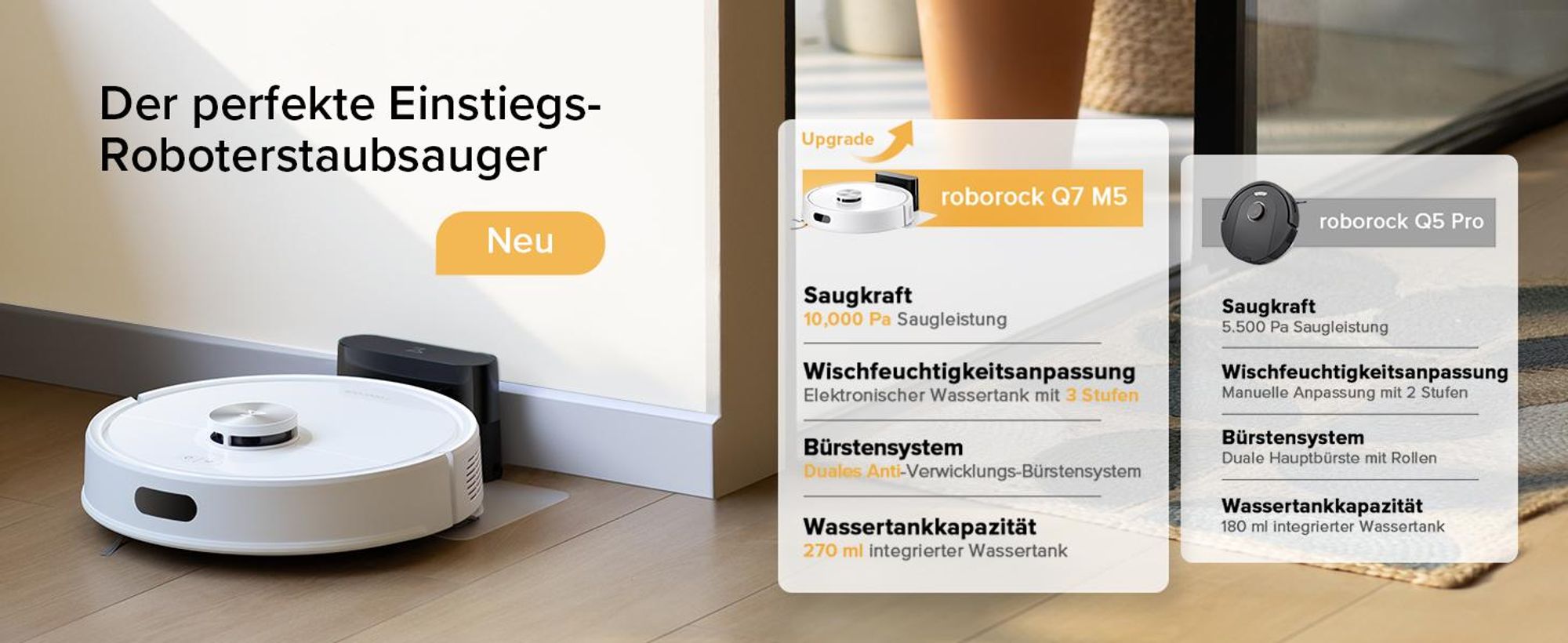 Roborock Q7 M5 Saugroboter mit Wischfunktion, 10.000Pa(Upgrade von Q5 PRO), Dual Anti-Tangle-System, Staubsauger Roboter für Teppich, Tierhaare (Weiß)
