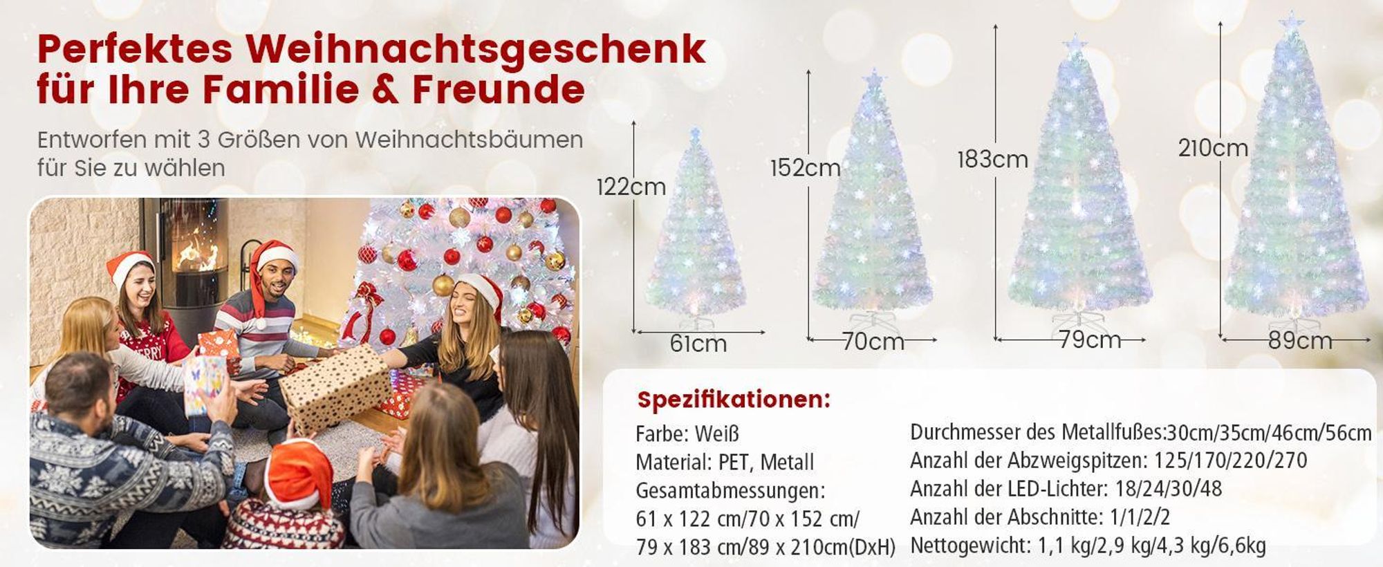 COSTWAY Weihnachtsbaum Künstlich mit Beleuchtung, Tannenbaum mit bunten LED-Lichtern & Glasfaser & Sternspitze, Christbaum für Zuhause Büro Geschäfte Hotels, Weiß (120 cm)