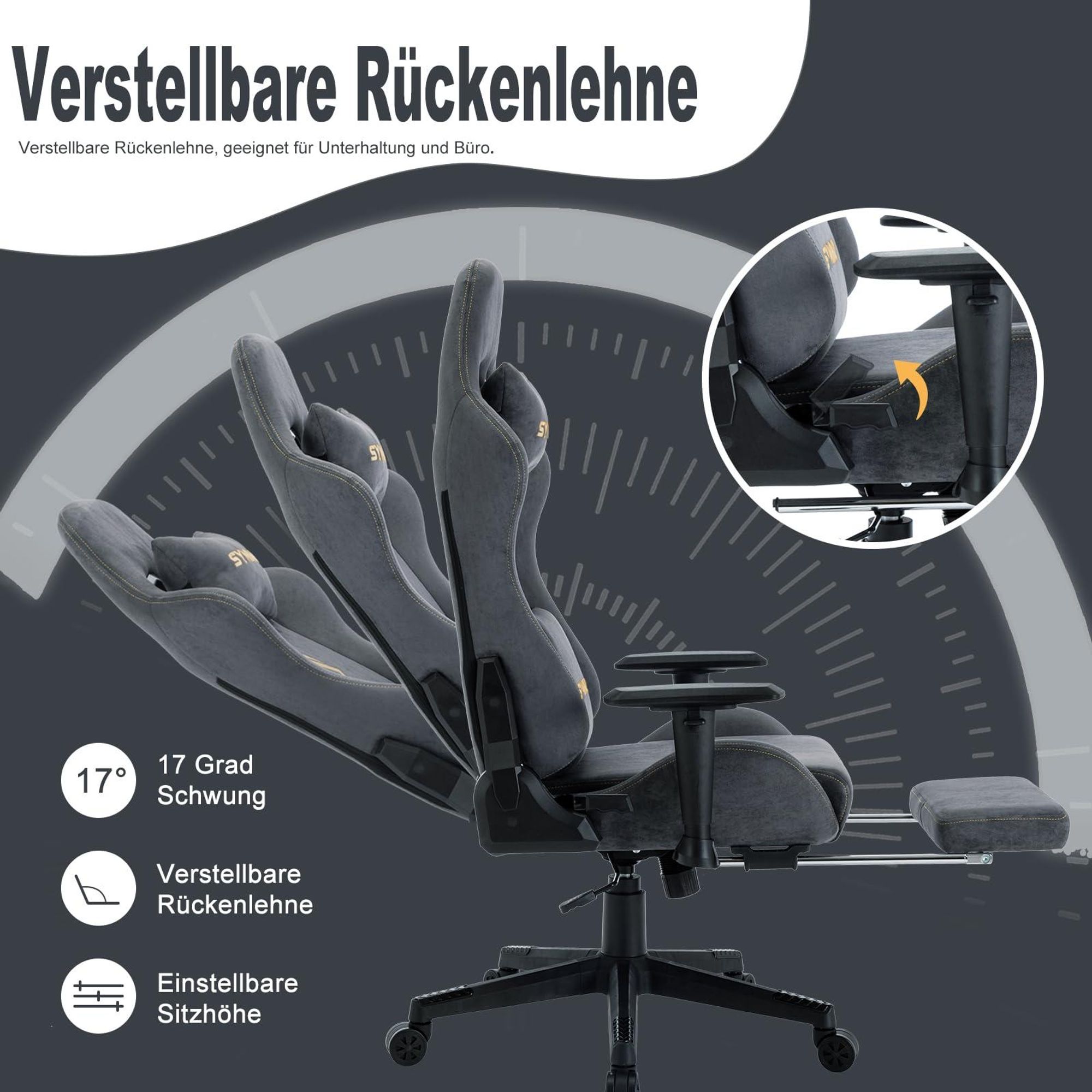 Grauer Gaming-Stuhl mit verstellbarer Rückenlehne und Sitzhöhe