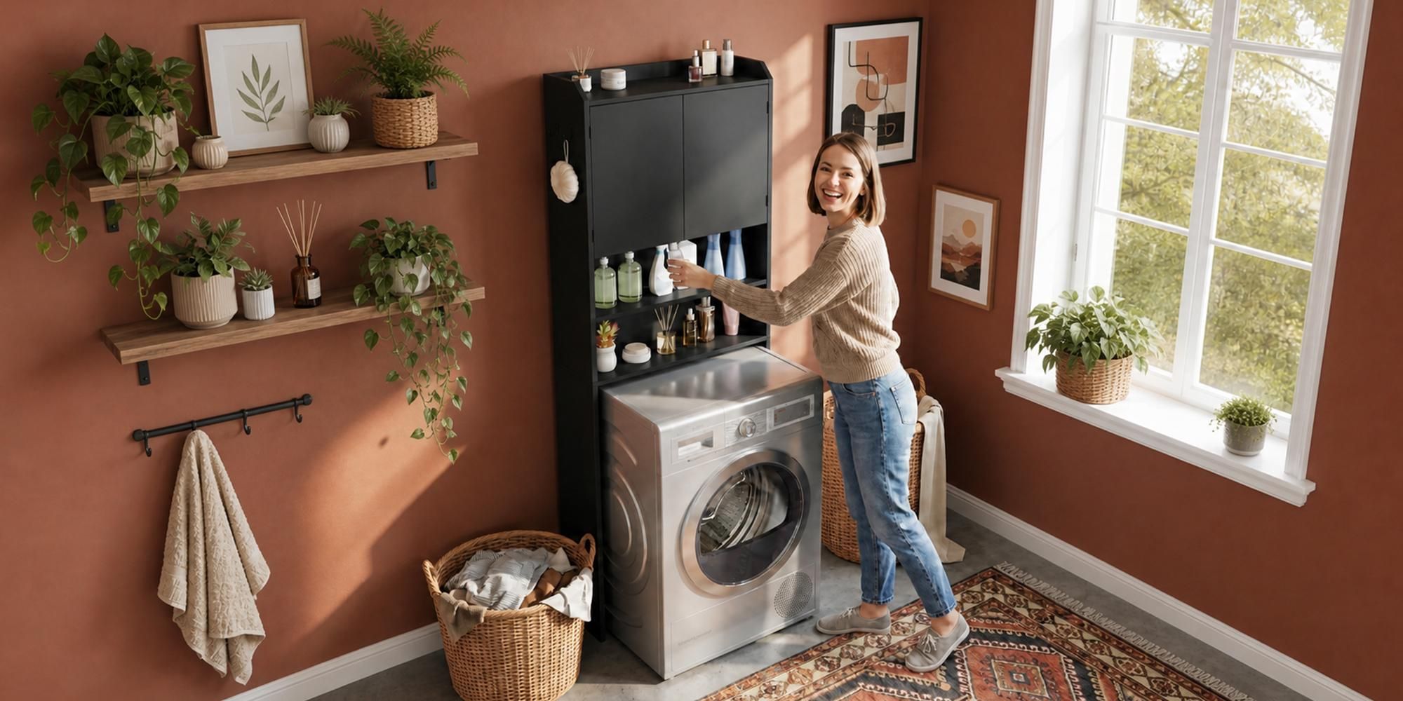 Fobyfurny Waschmaschinenschrank, Waschmaschinenregal, mit 2 Türen Toilettenregal, Verstellbare Regale, Badezimmerregal über Waschmaschine/Toilette