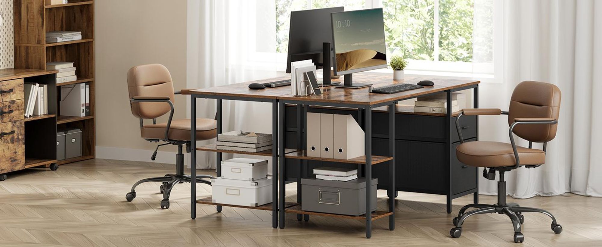 VASAGLE Schreibtisch mit 3 Ablagen, Bürotisch mit 2 Schubladen, 140 x 60 x 76 cm, Industrie-Stil, schwarz
