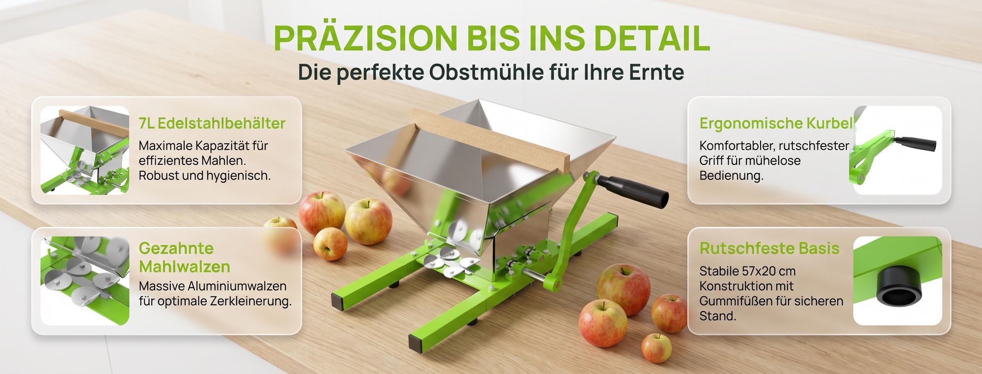 ROSEJANE Obstmühle manuell, 7 L Edelstahl-Trichter, Obsthäcksler mit Handkurbel für Äpfel, Birnen, Trauben & Beeren, für Obstpressen