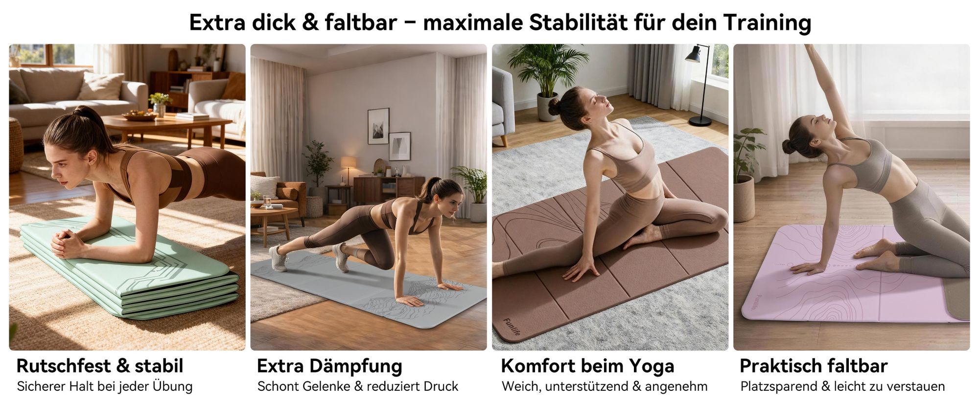 FunLife Faltbare Yogamatte XXL 190x66 cm – 10 mm Dick, Rutschfeste Fitness- & Gymnastikmatte für Yoga, Pilates, Home Workout & Outdoor