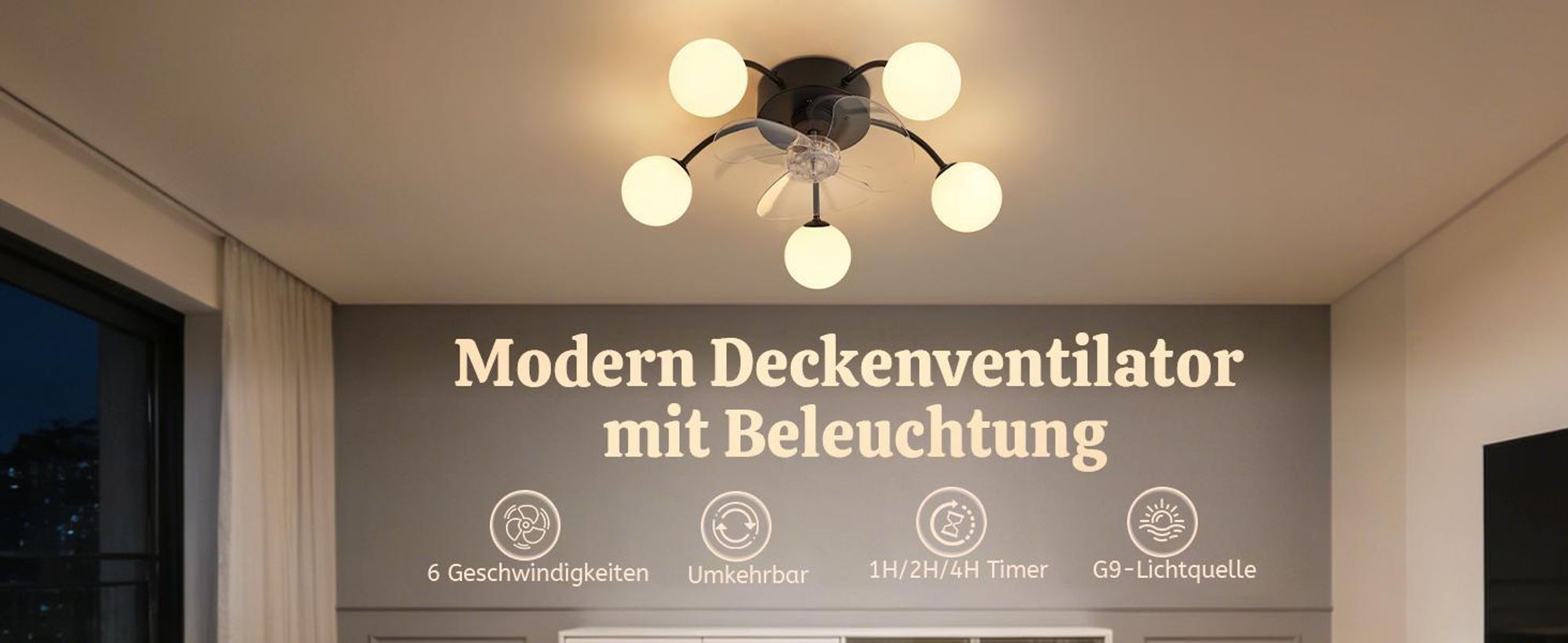 ZMH Deckenventilator Beleuchtung G9 Leise Deckenleuchte Ventilator Fernbedienung 6 Geschwindigkeiten Timer Lampe für Küche Esszimmer Schwarz
