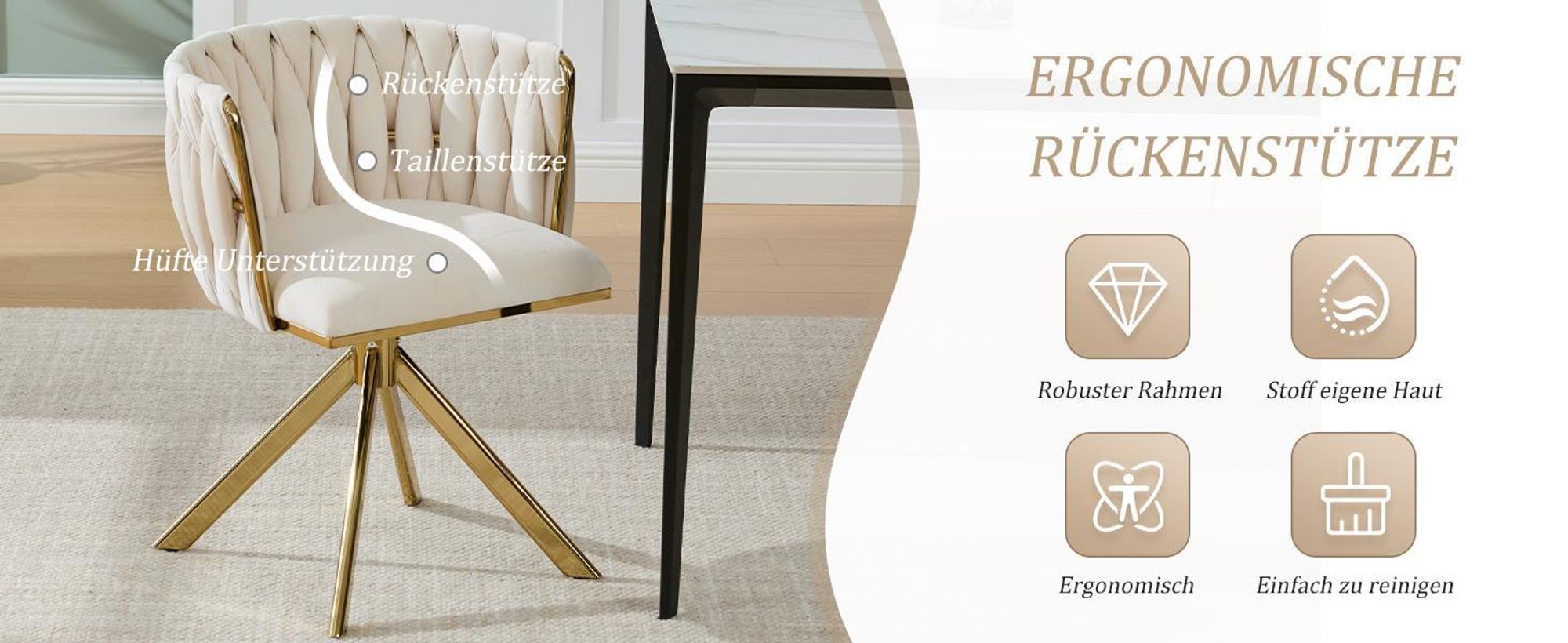 LVHOM Esszimmerstuhl drehbar mit Samtbezug, 180° Schwenkfunktion Polsterstuhl 2er Set mit goldenen Metellbeine, bis 150 kg,  für Homeoffice, Schwarz