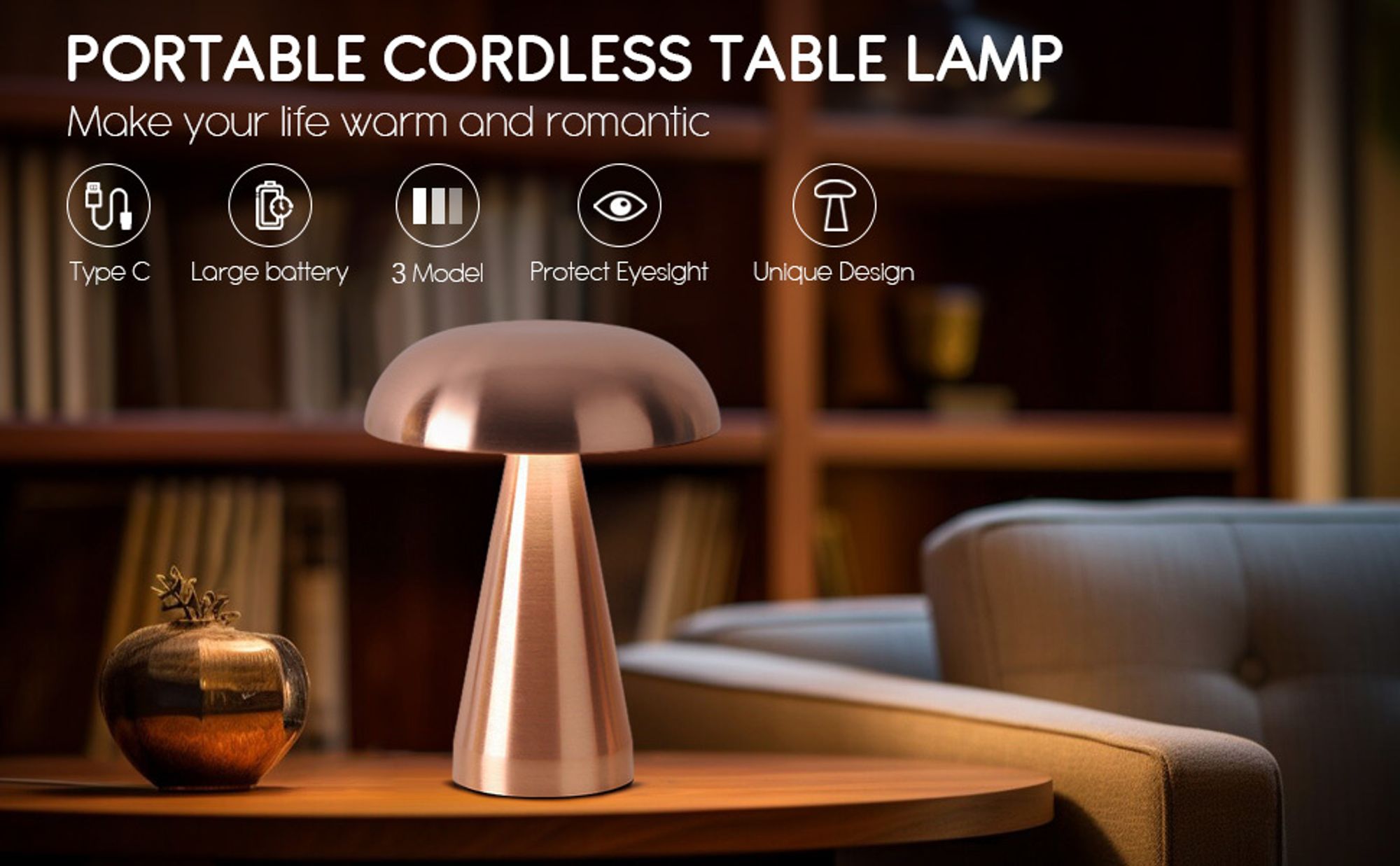 LED Akku Pilz-Tischleuchte Roségold Metall Dimmbar Kabellos USB Warmweiß Lampe Touch Tischlampe Nachttischlampe,Touch Steuerung Augenschutz Leselampe