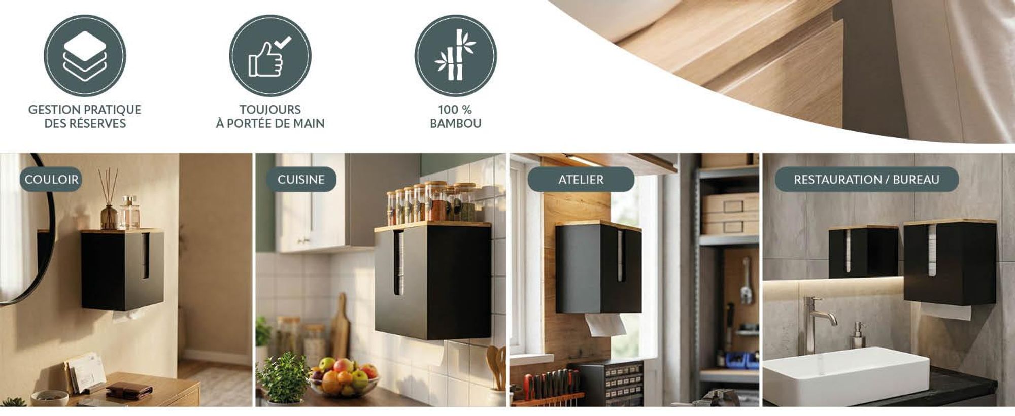 Porte-serviettes en papier avec couvercle en bambou